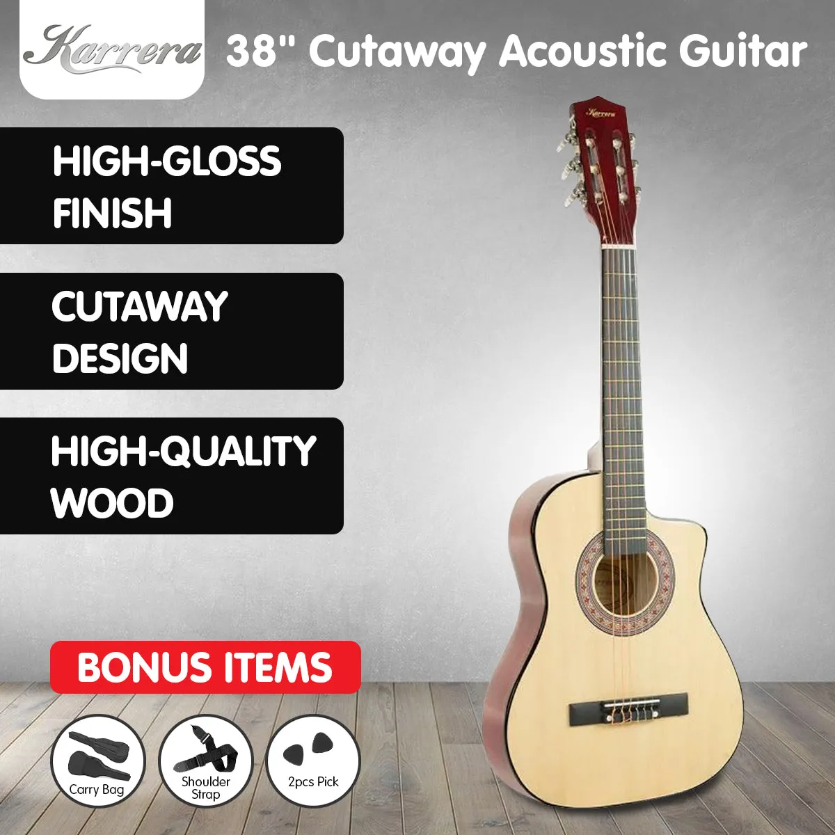 38in Cutaway Acoustic Guitar with guitar bag - Natural