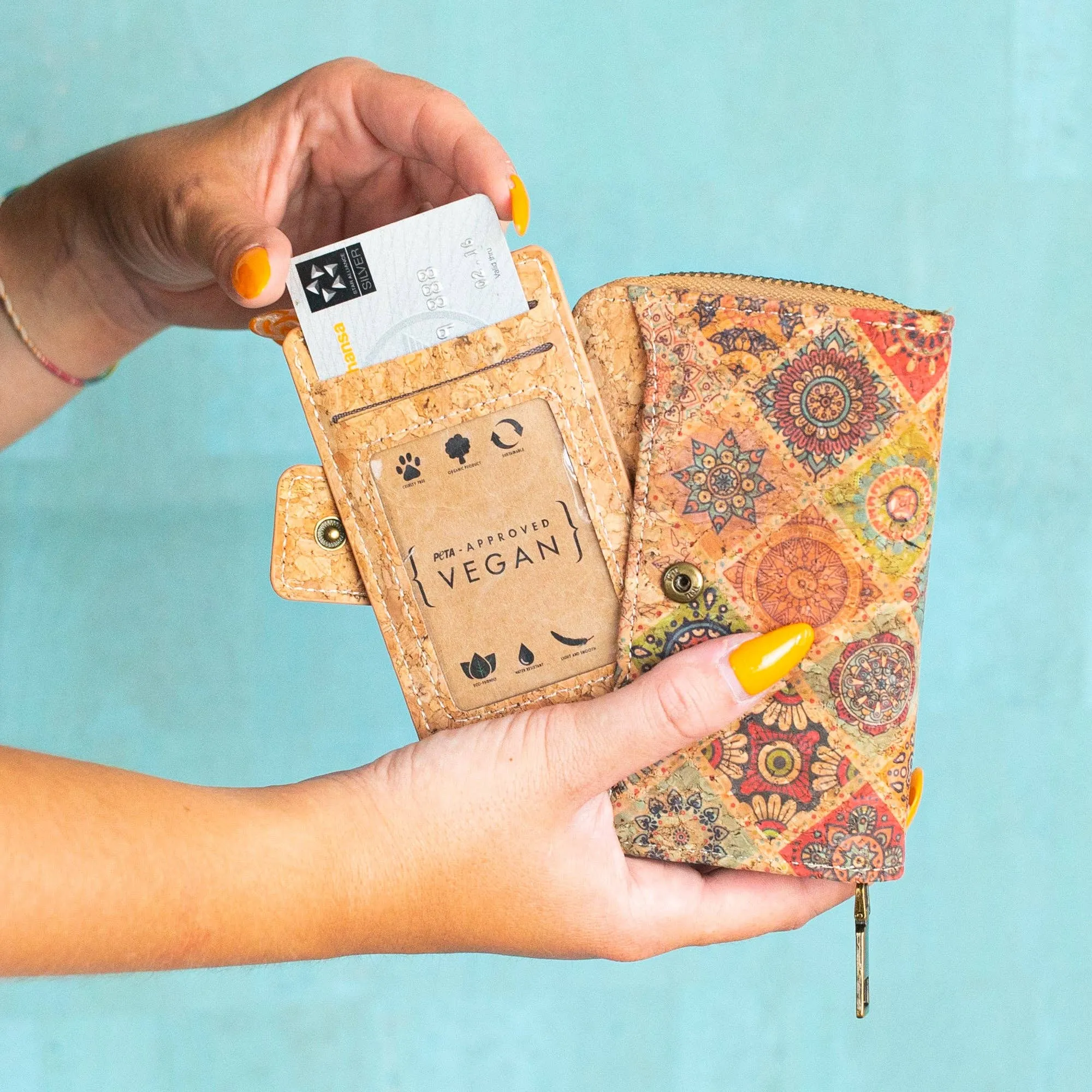 6 Natural Cork card holder Wallets with Floral Print Patterns BAGD-520(6 Units)