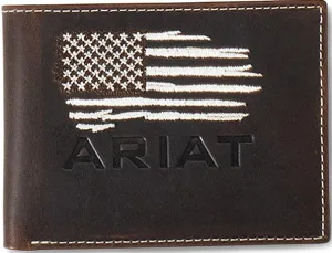 Ariat Men's Bi-Fold Distressed Leather Wallet with American Flag