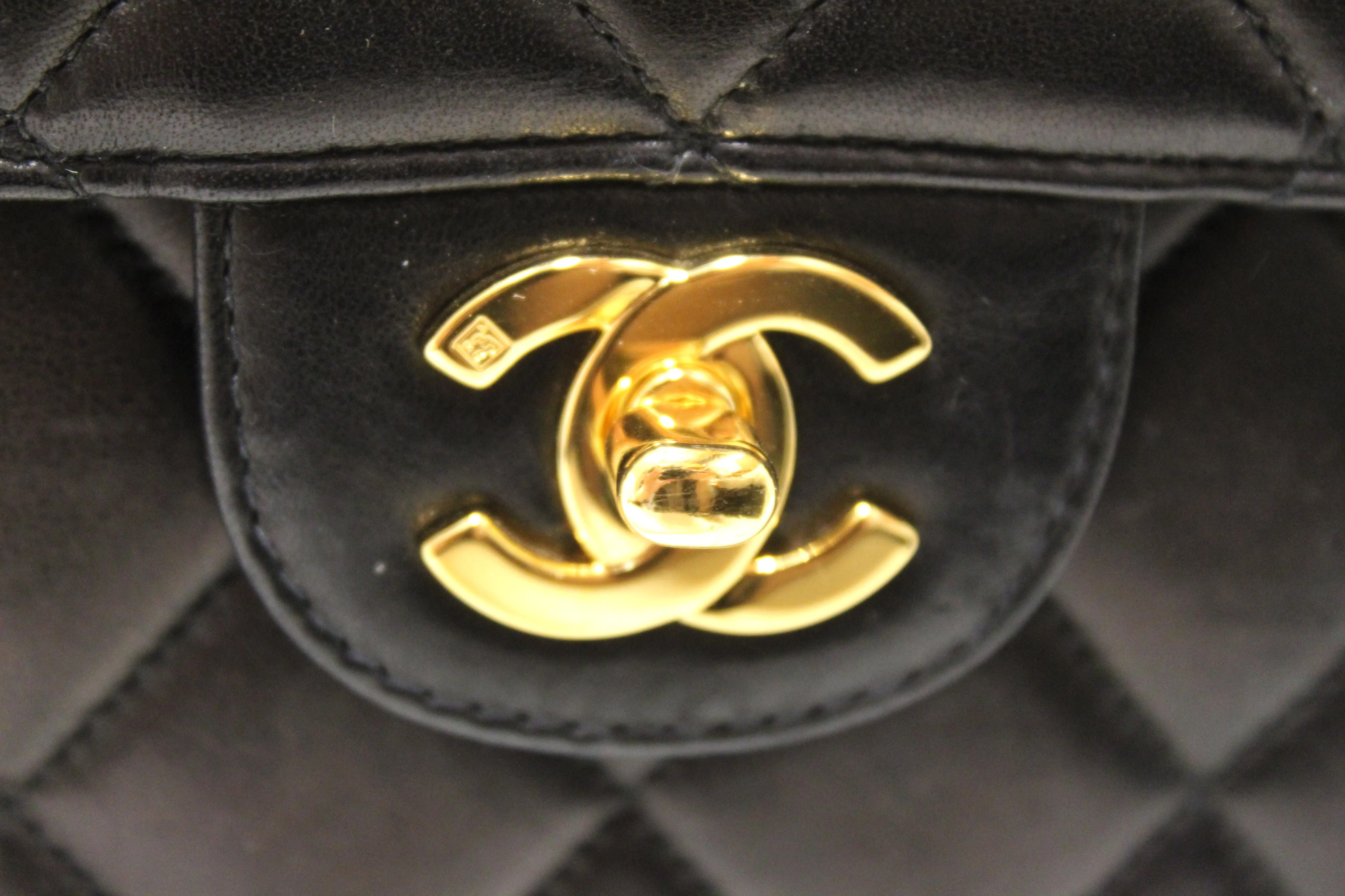 Authentic Chanel Vintage Black Lambskin Quilted Leather Jumbo Shoulder Chain Flap Bag
