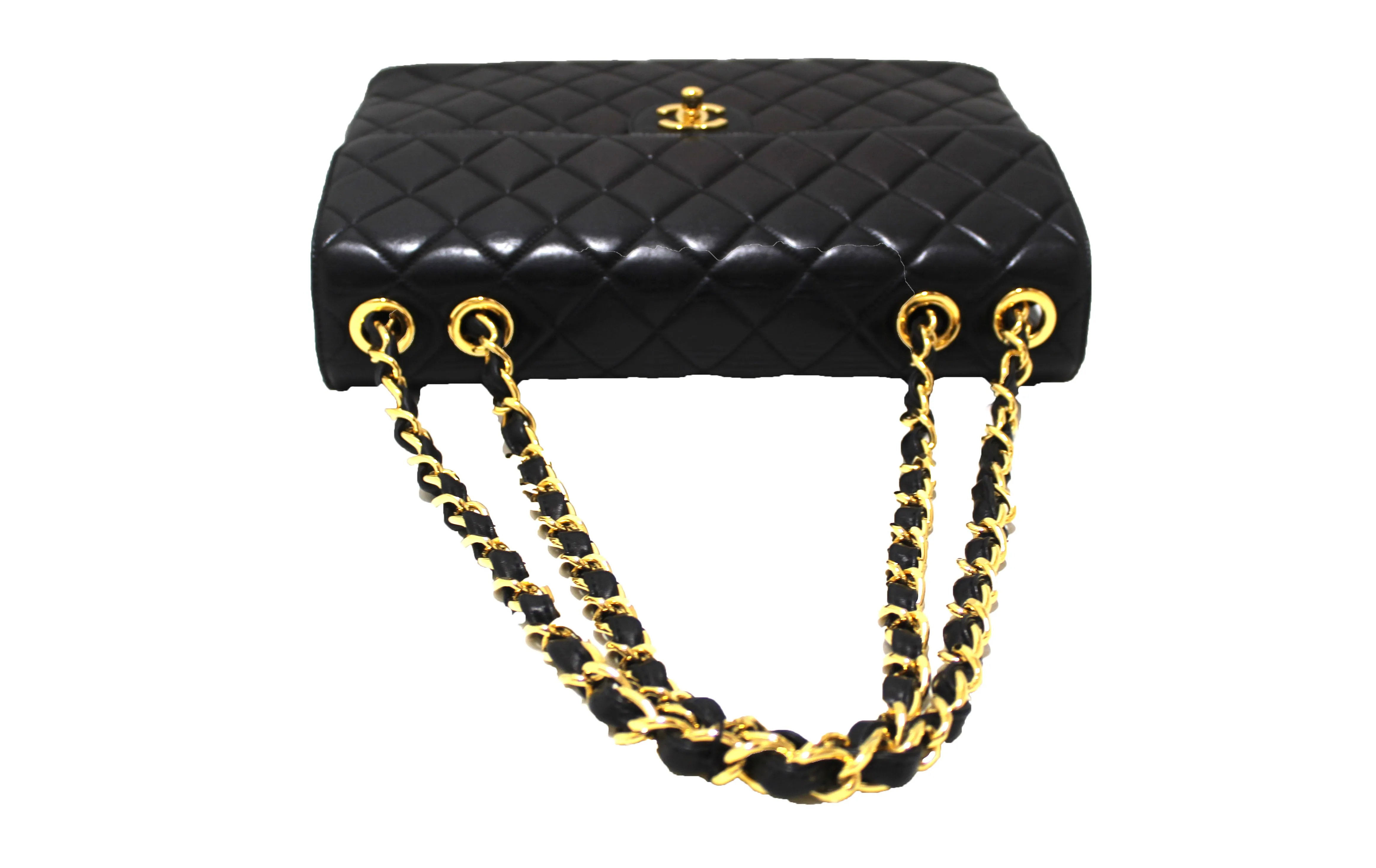 Authentic Chanel Vintage Black Lambskin Quilted Leather Jumbo Shoulder Chain Flap Bag