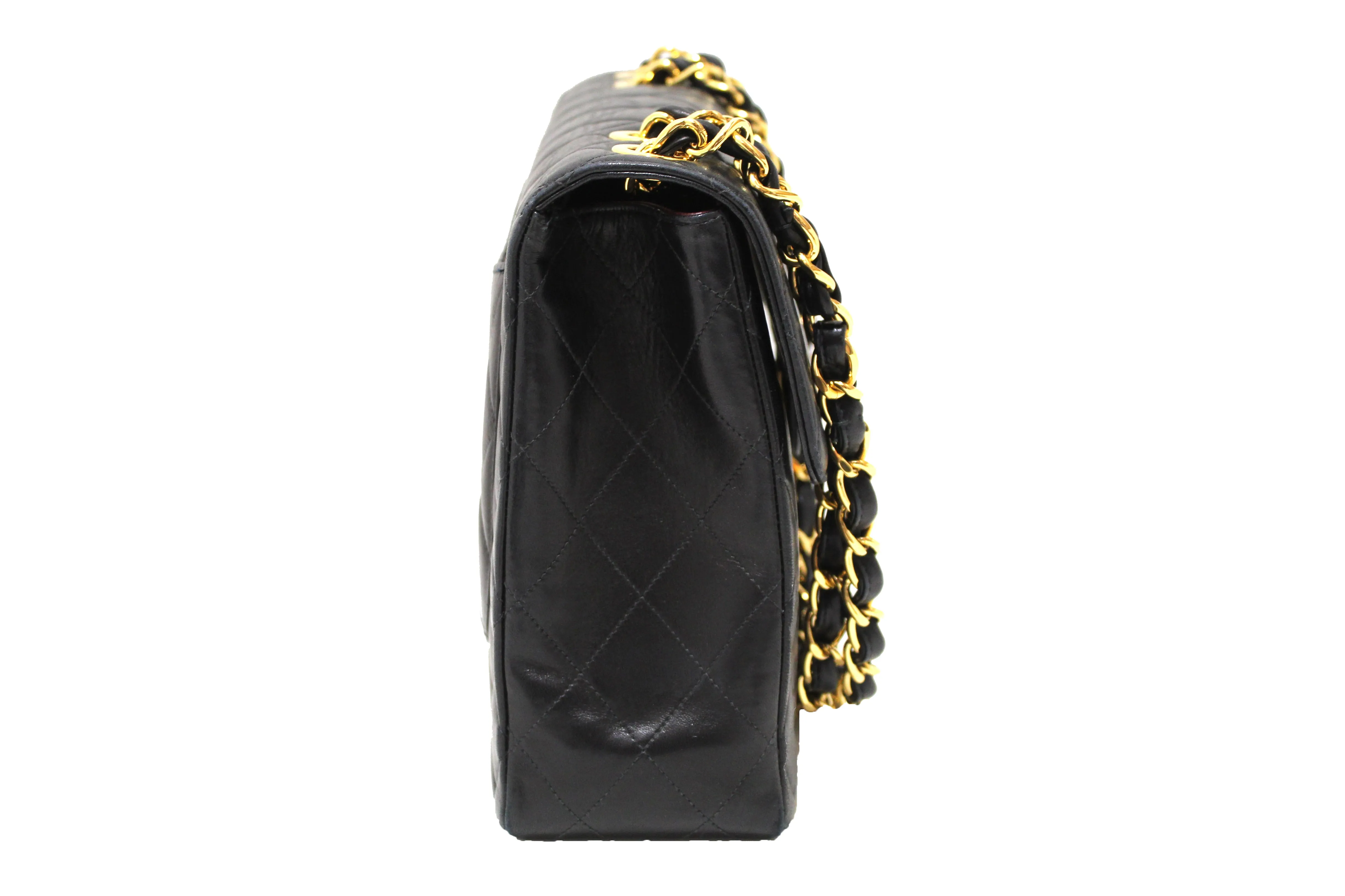Authentic Chanel Vintage Black Lambskin Quilted Leather Jumbo Shoulder Chain Flap Bag