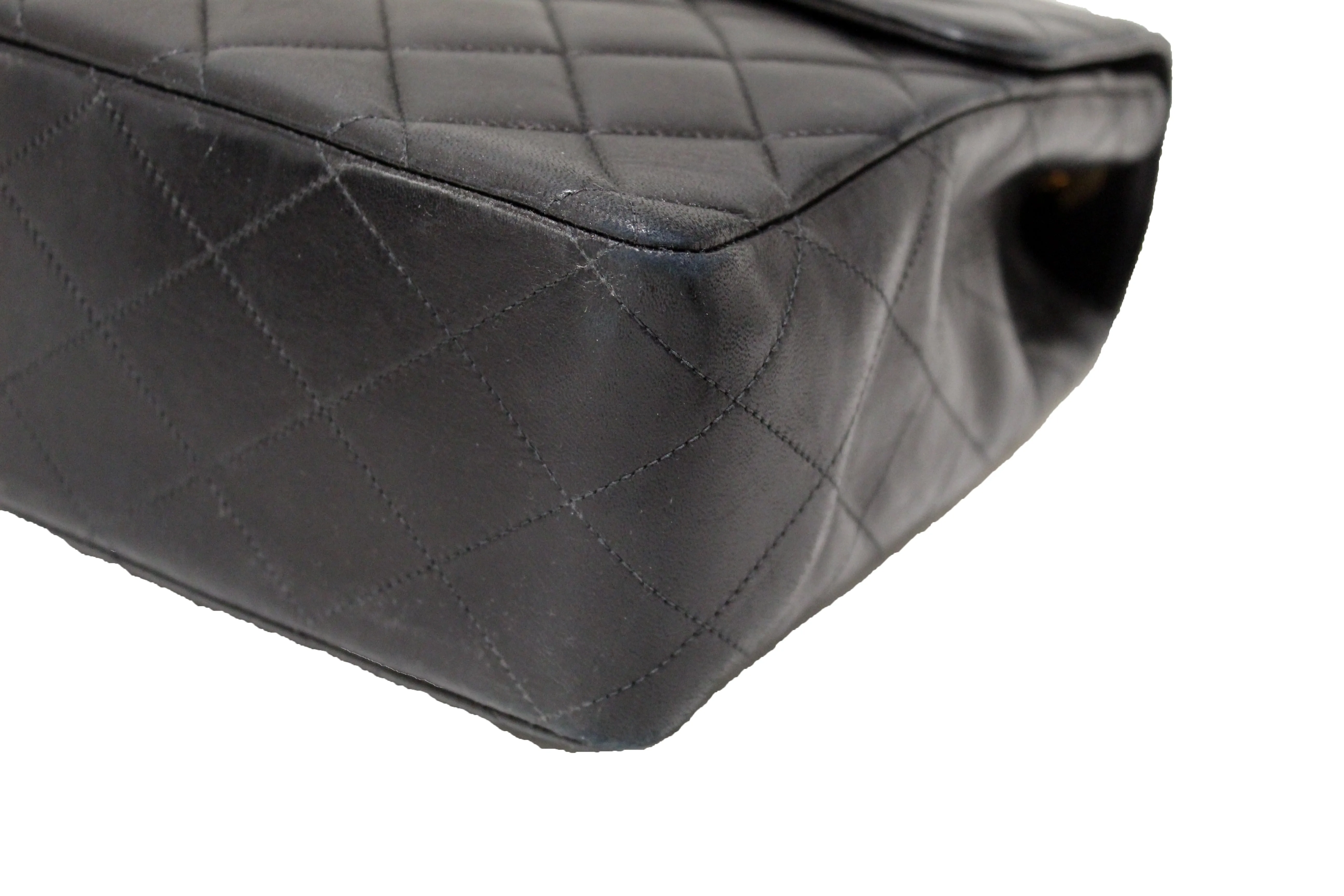 Authentic Chanel Vintage Black Lambskin Quilted Leather Jumbo Shoulder Chain Flap Bag