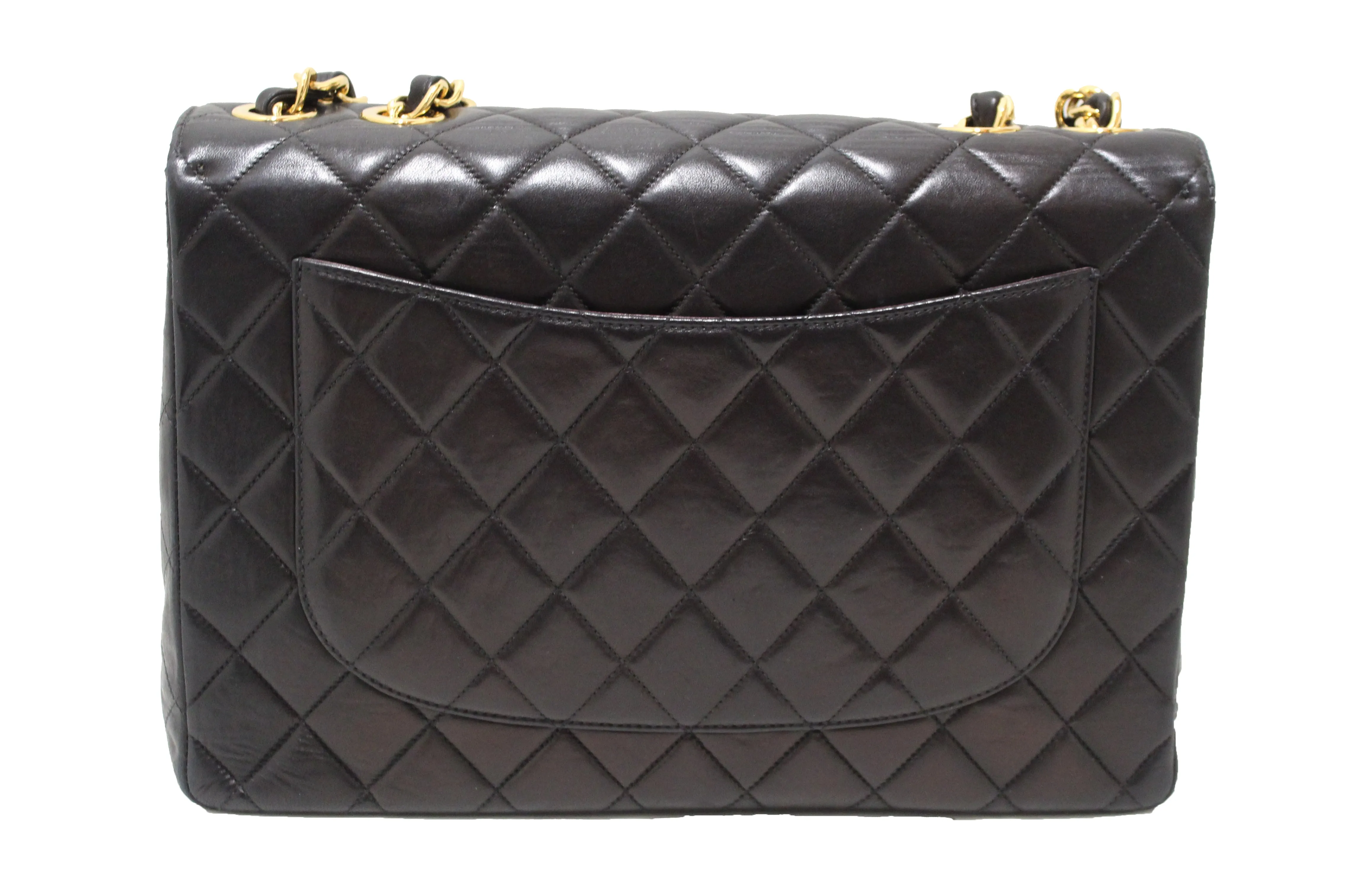 Authentic Chanel Vintage Black Lambskin Quilted Leather Jumbo Shoulder Chain Flap Bag