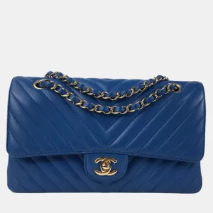 Blue Lambskin Leather Medium Classic Double Flap Shoulder Bag