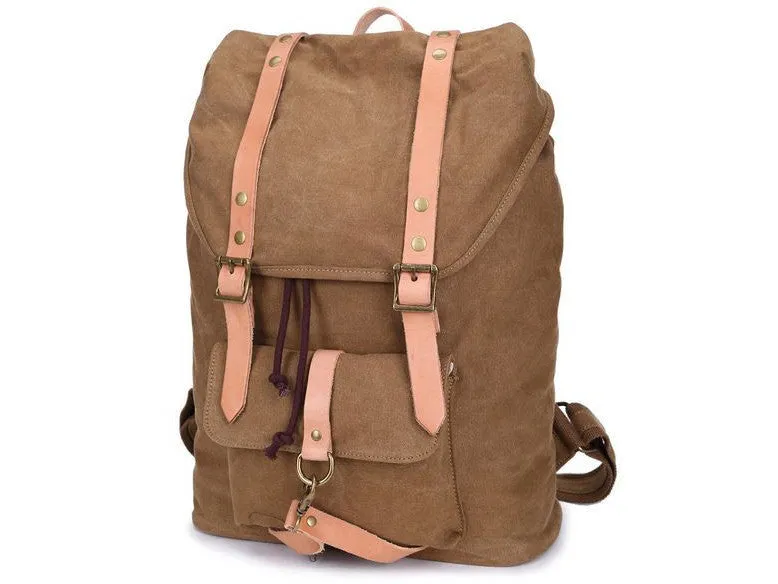 Brown Canvas & Leather Casual Student Laptop Backpack