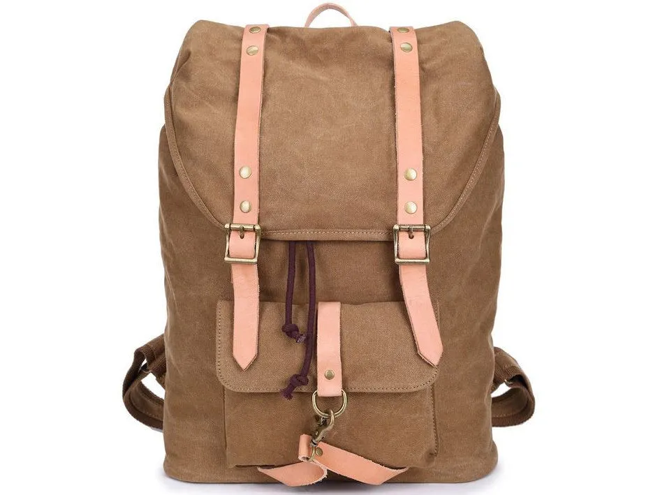 Brown Canvas & Leather Casual Student Laptop Backpack