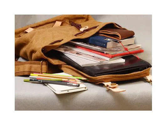 Brown Canvas & Leather Casual Student Laptop Backpack