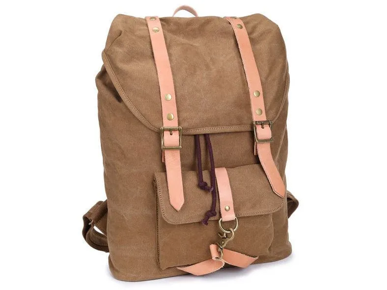 Brown Canvas & Leather Casual Student Laptop Backpack