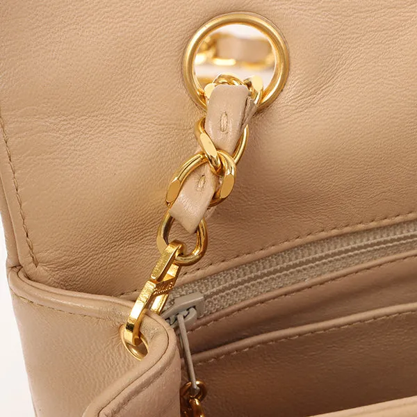 Chanel Around 1990 Made Edge Design Flap Turn-Lock Chain Bag Beige