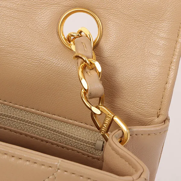 Chanel Around 1990 Made Edge Design Flap Turn-Lock Chain Bag Beige