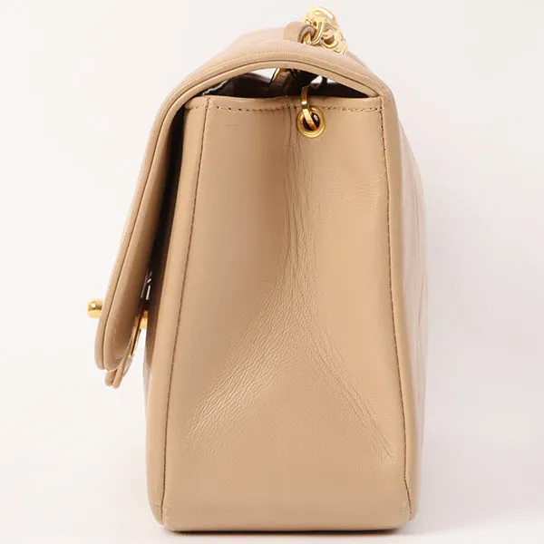 Chanel Around 1990 Made Edge Design Flap Turn-Lock Chain Bag Beige