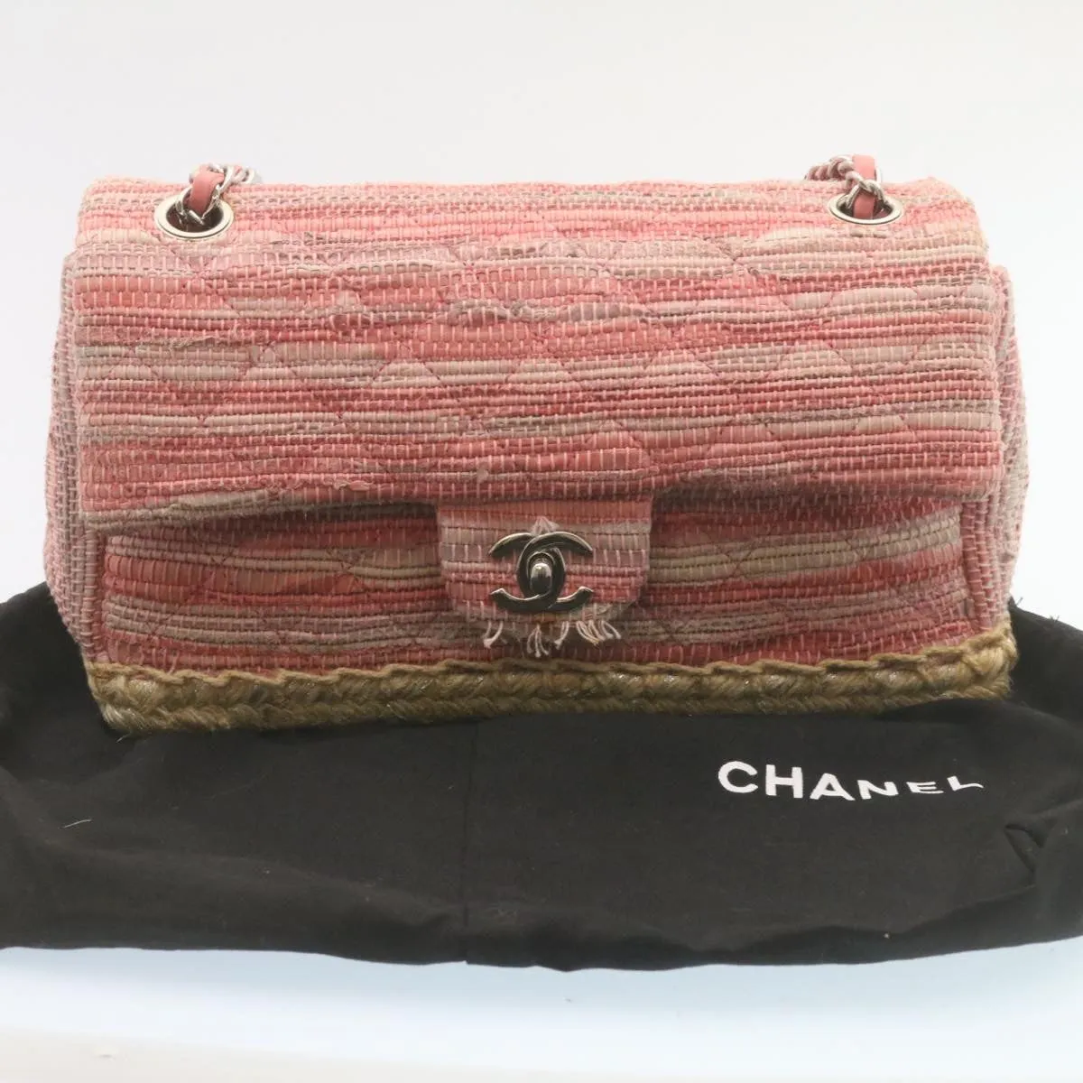 CHANEL Chain Flap Shoulder Bag Turn Lock Canvas Pink CC Auth bs334A