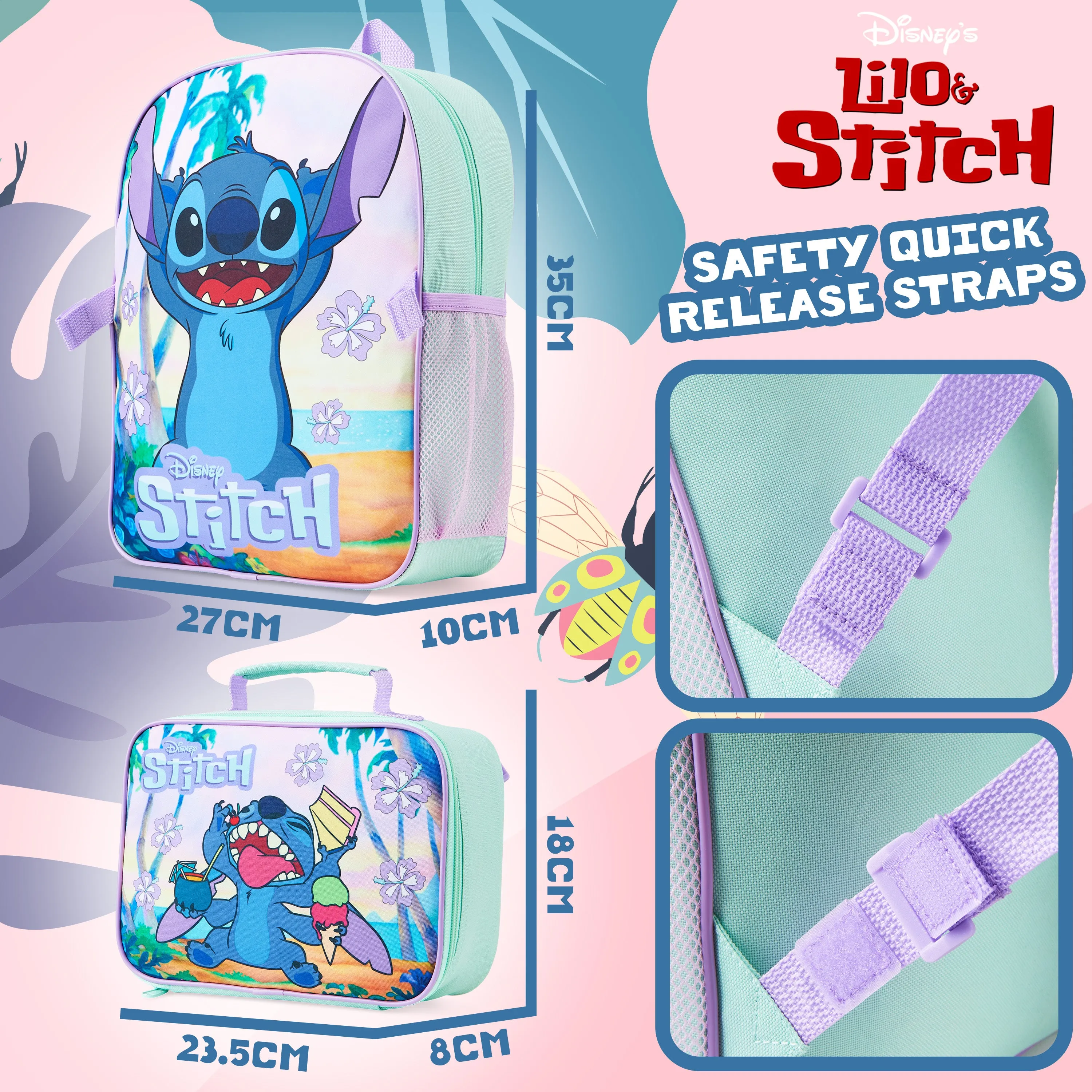 Disney Stitch School Bags for Girls with Detachable Lunch Bag