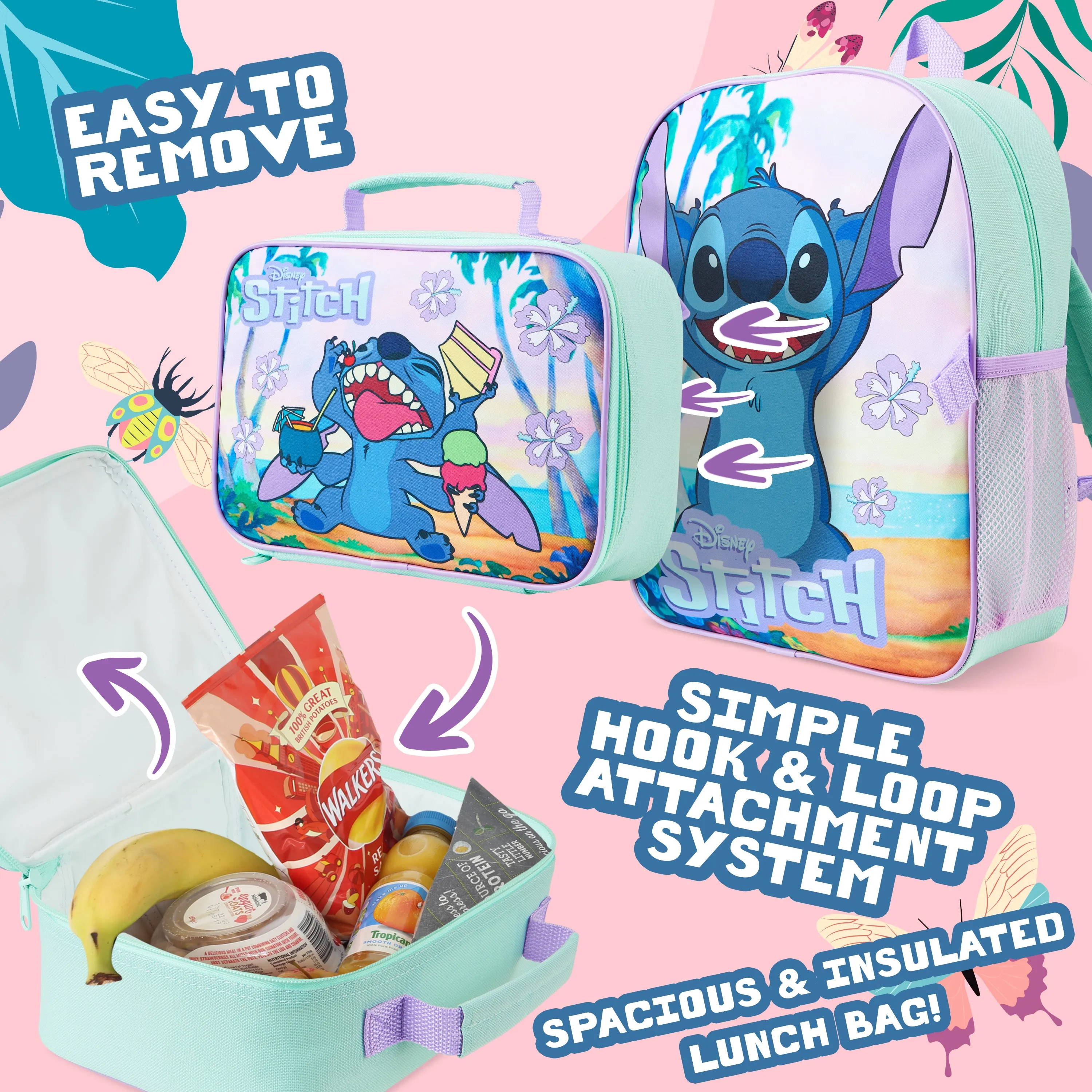 Disney Stitch School Bags for Girls with Detachable Lunch Bag