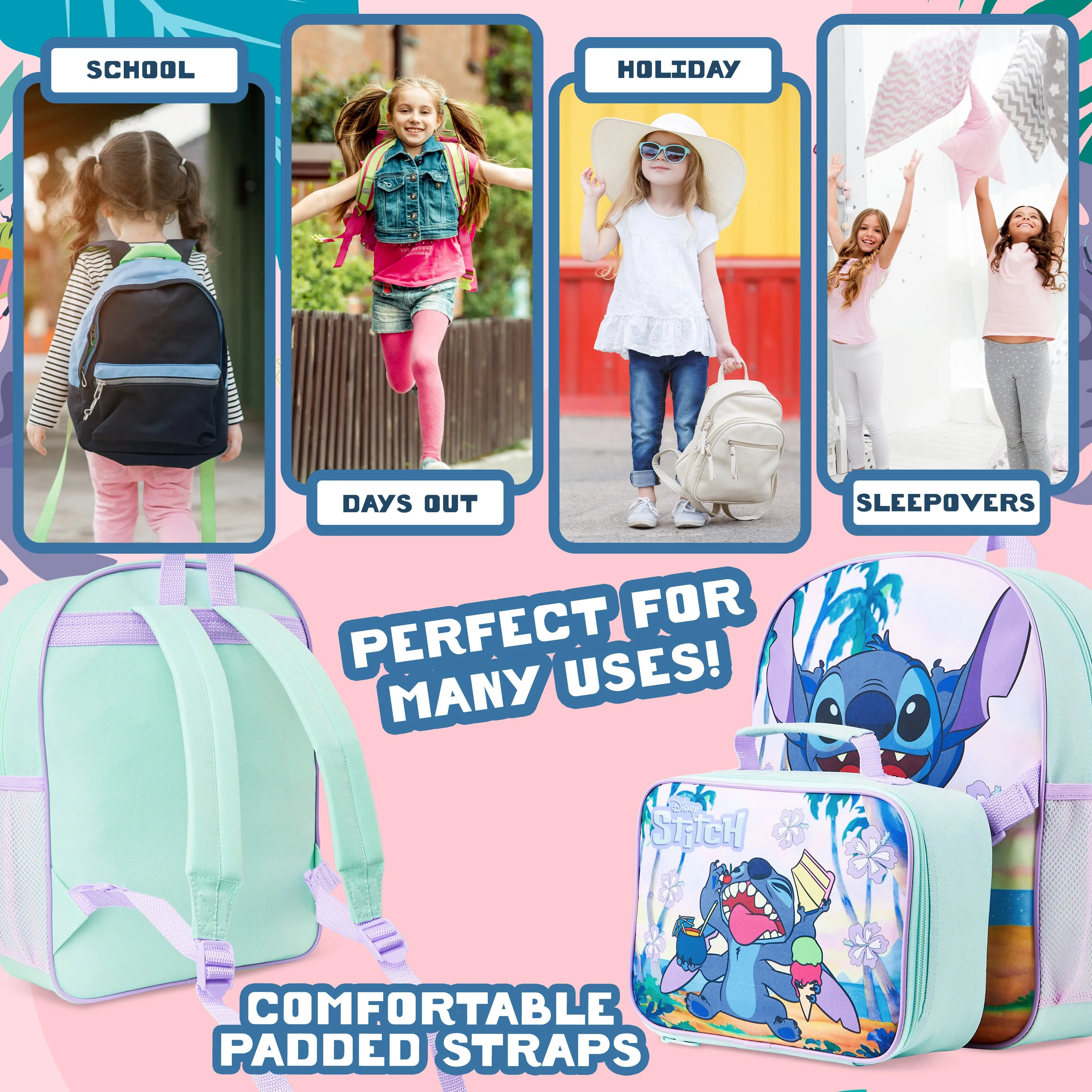 Disney Stitch School Bags for Girls with Detachable Lunch Bag