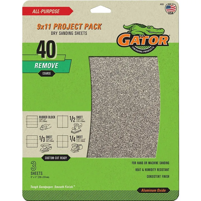 Gator 4439 Sanding Sheet, 11 in L, 9 in W, 40 Grit, Coarse, Aluminum Oxide Abrasive :PK  3: QUANTITY: 1