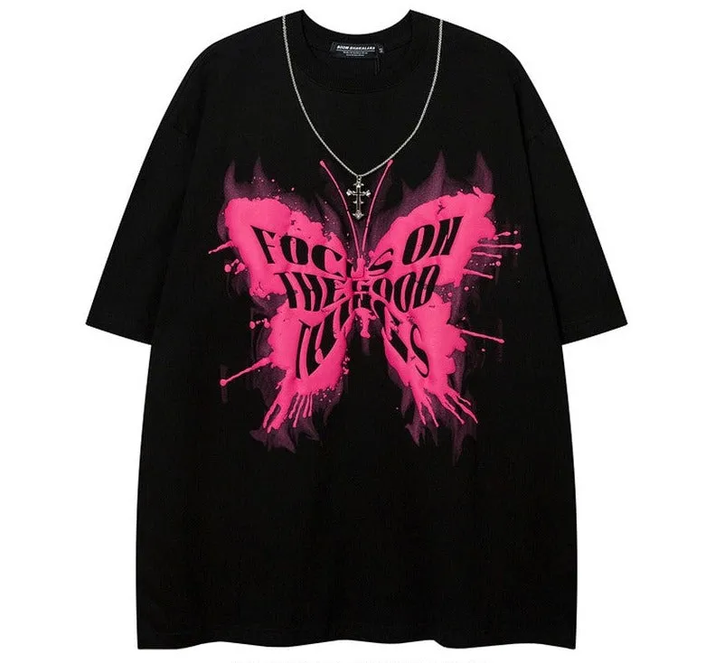 Gothic Hip-hop T-shirt Unisex Butterfly Graffiti Short Sleeve Couple wear