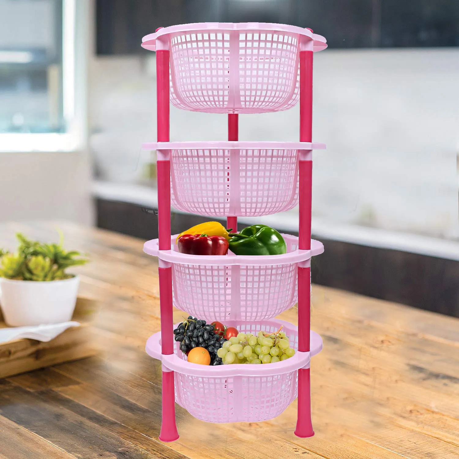 Kuber industries Plastic 2 Pieces 4 Layer Multi-Purpose Kitchen Storage Basket Rack (Pink)-CTKTC13217