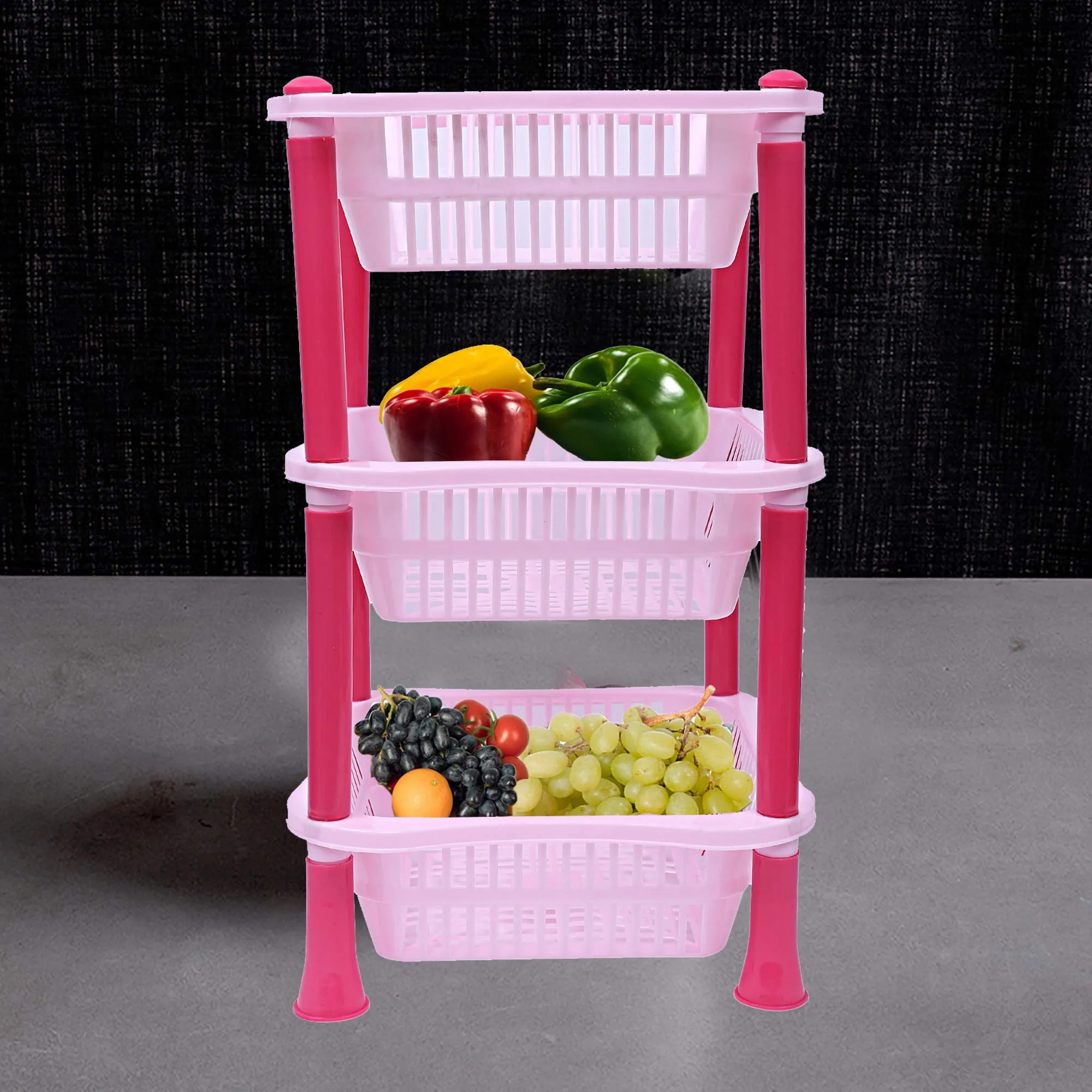 Kuber industries Plastic 3 Layer Multi-Purpose Kitchen Storage Basket Rack (Pink)-CTKTC13239