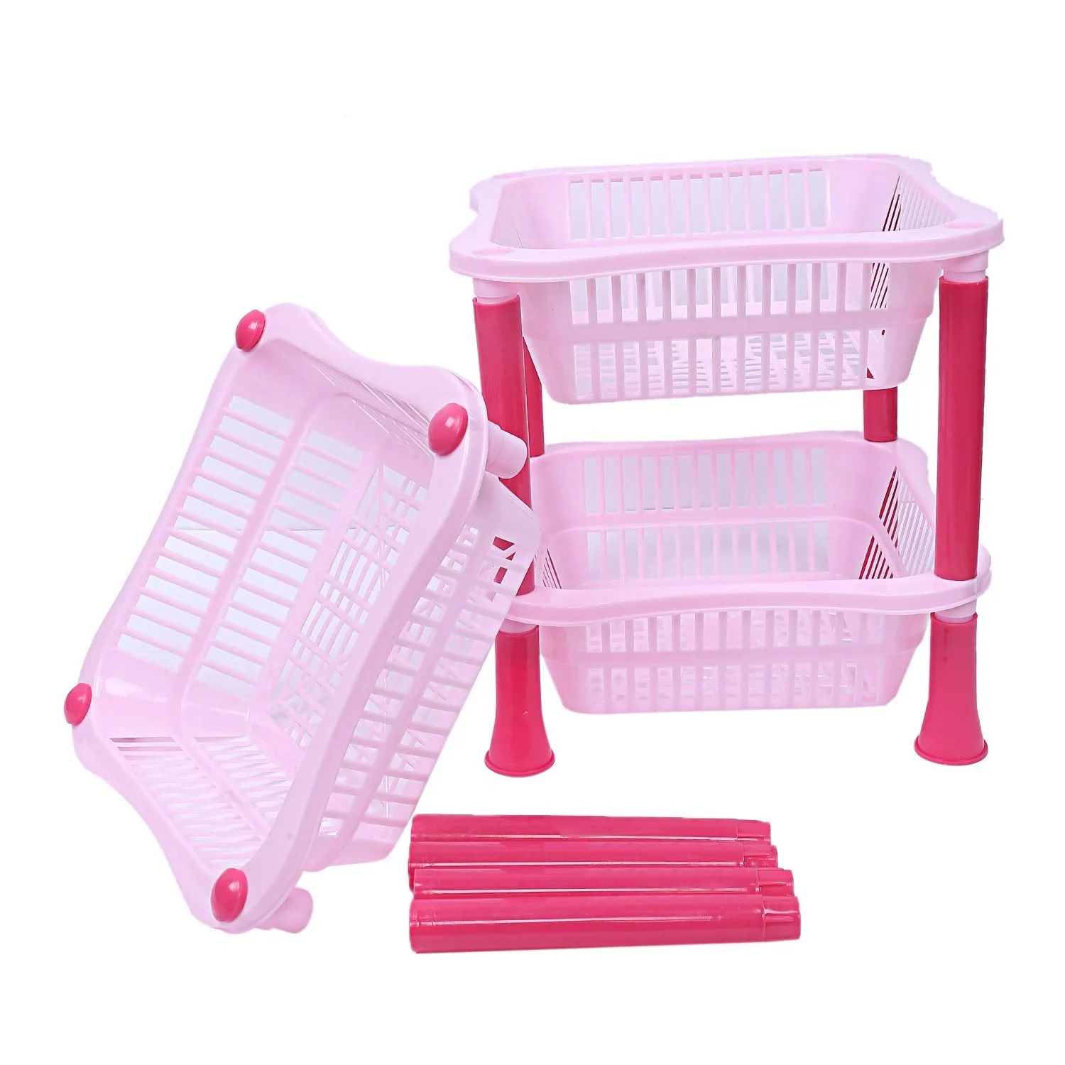 Kuber industries Plastic 3 Layer Multi-Purpose Kitchen Storage Basket Rack (Pink)-CTKTC13239