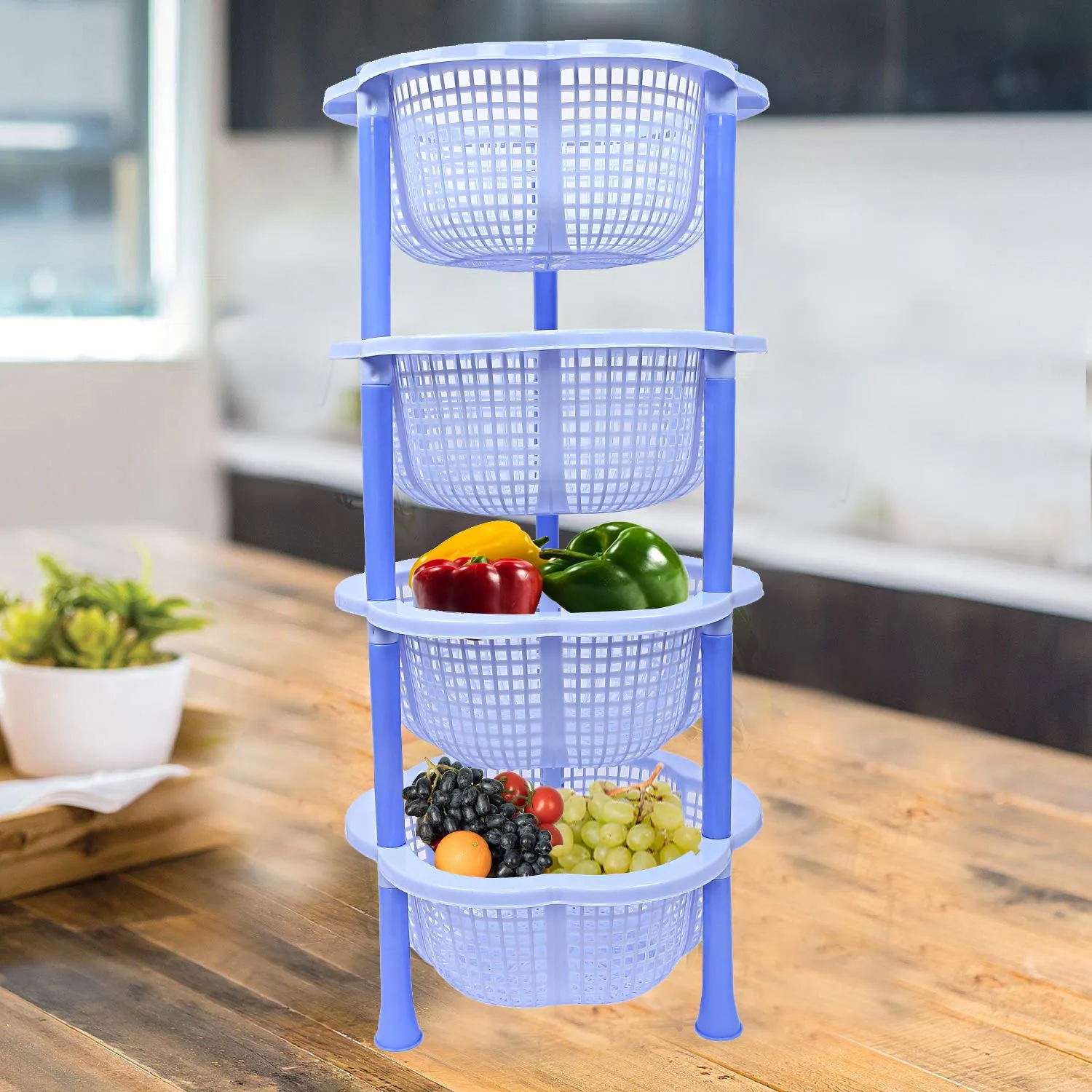 Kuber industries Plastic 4 Layer Multi-Purpose Kitchen Storage Basket Rack (Blue)-CTKTC13223