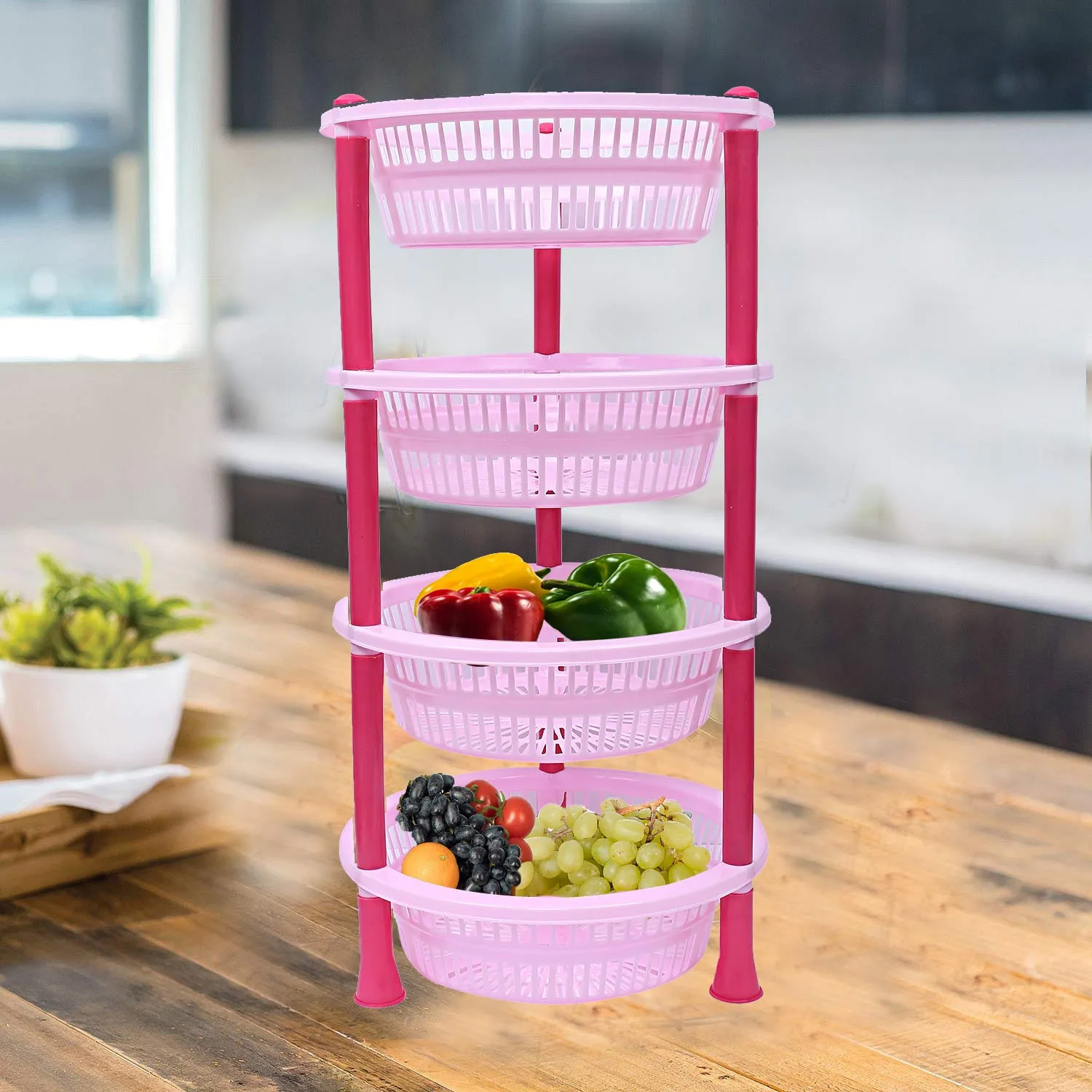 Kuber Industries Plastic 4 Layer Multi-Purpose Kitchen Storage Basket Rack (Pink)-Ctktc25203