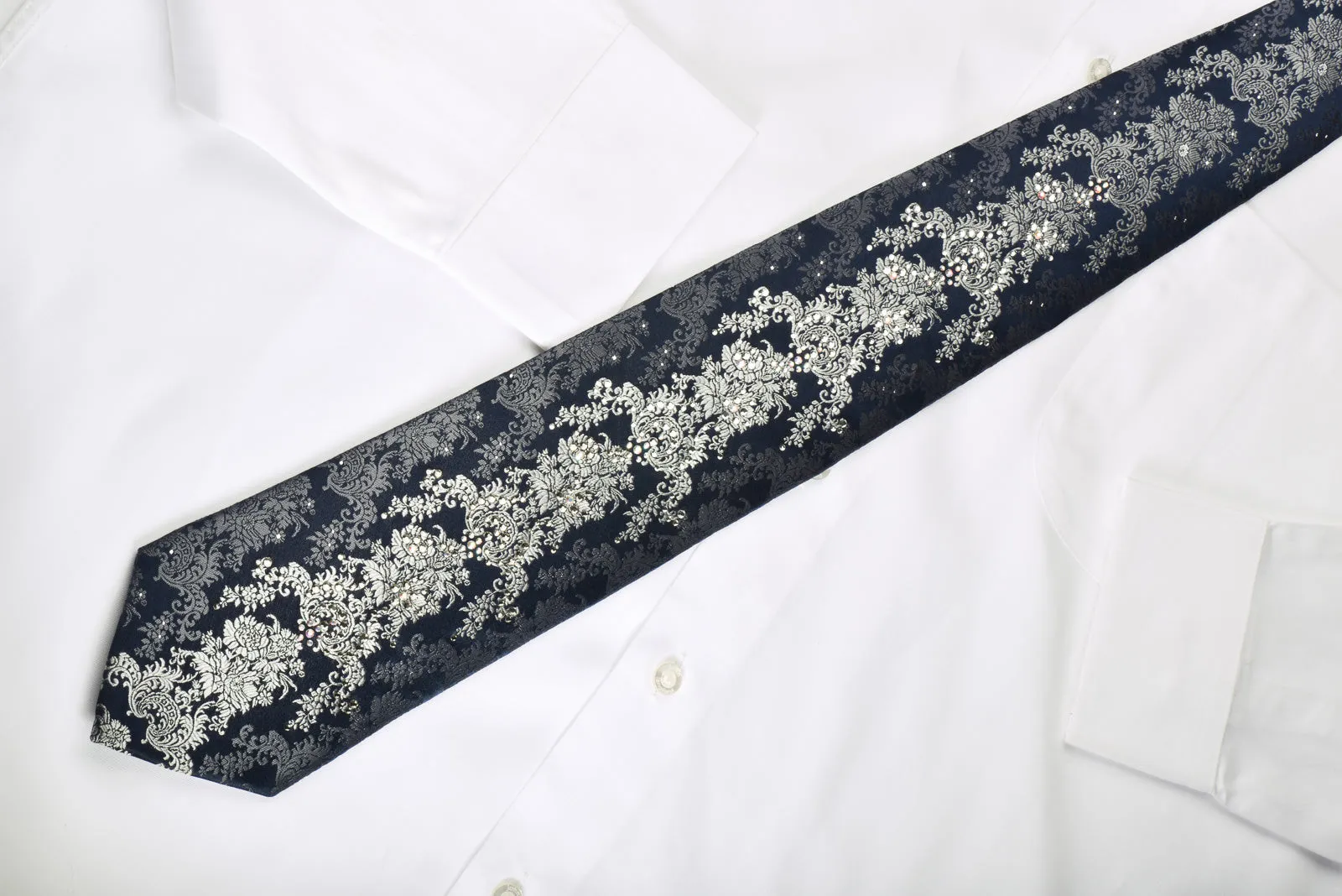 Lancetti Rhinestone Necktie Silver Baroque On Navy With Silver Sparkles