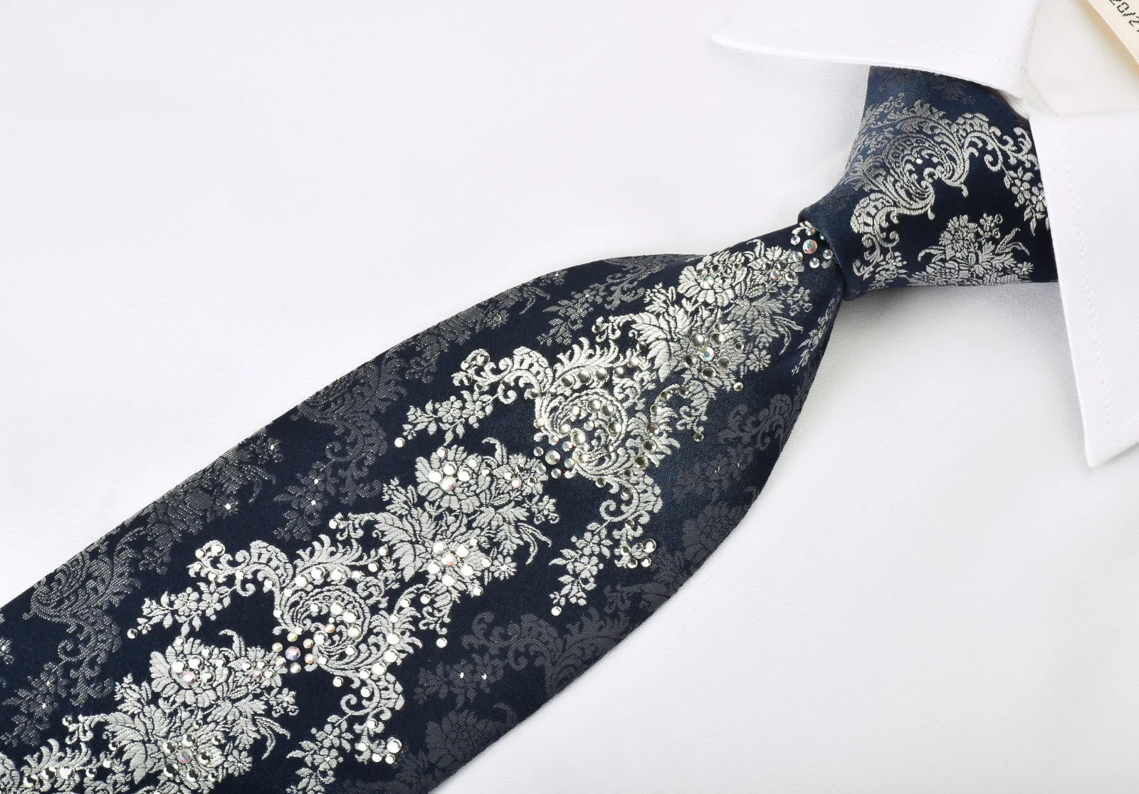 Lancetti Rhinestone Necktie Silver Baroque On Navy With Silver Sparkles