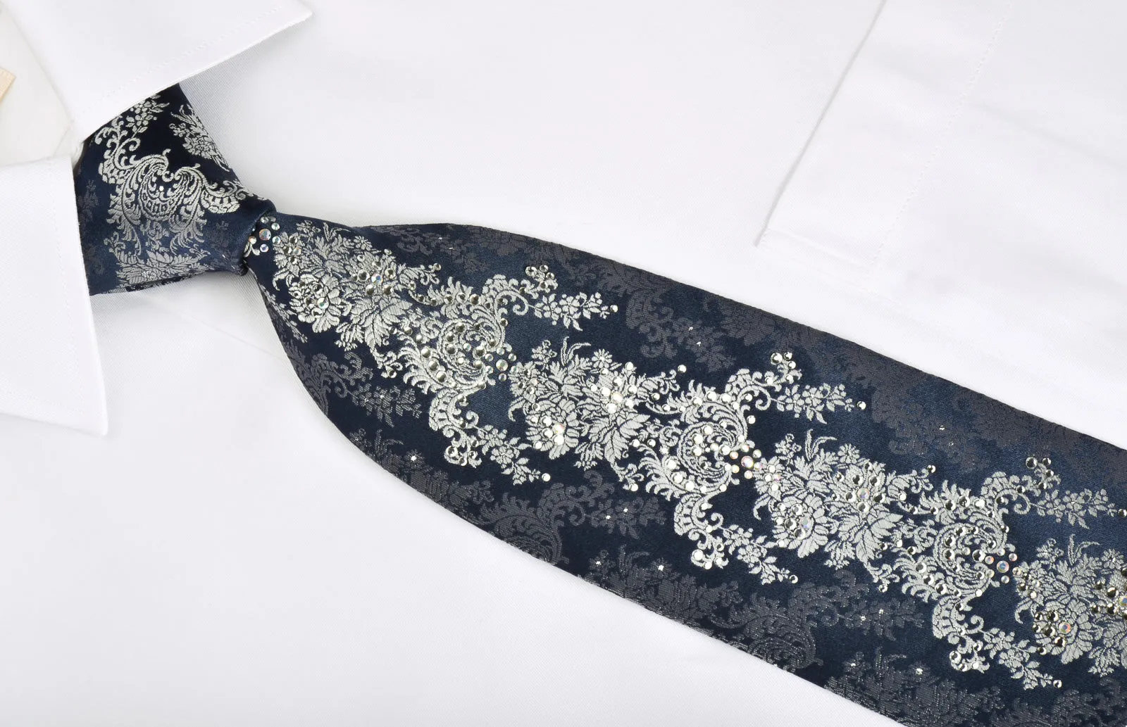 Lancetti Rhinestone Necktie Silver Baroque On Navy With Silver Sparkles
