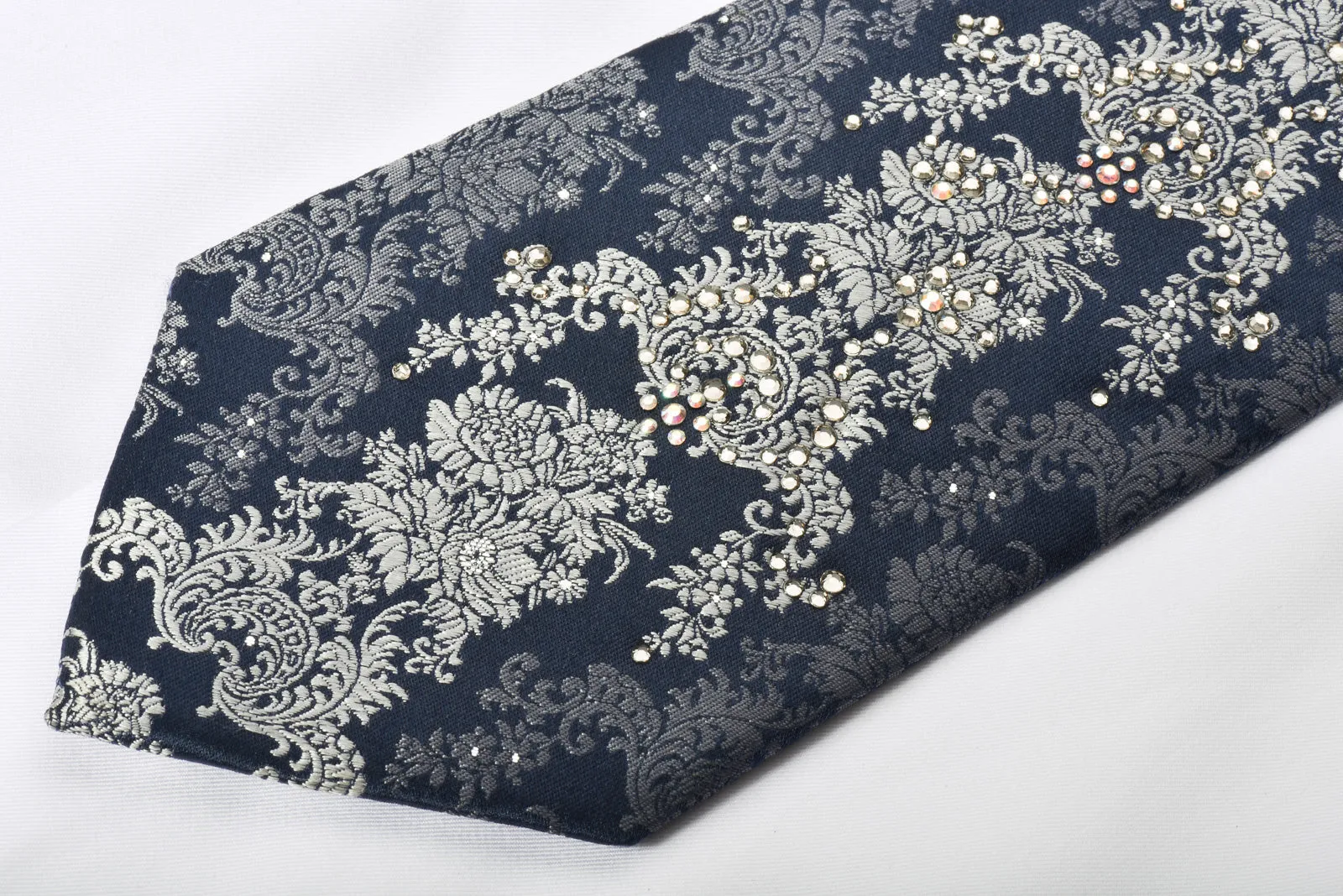 Lancetti Rhinestone Necktie Silver Baroque On Navy With Silver Sparkles