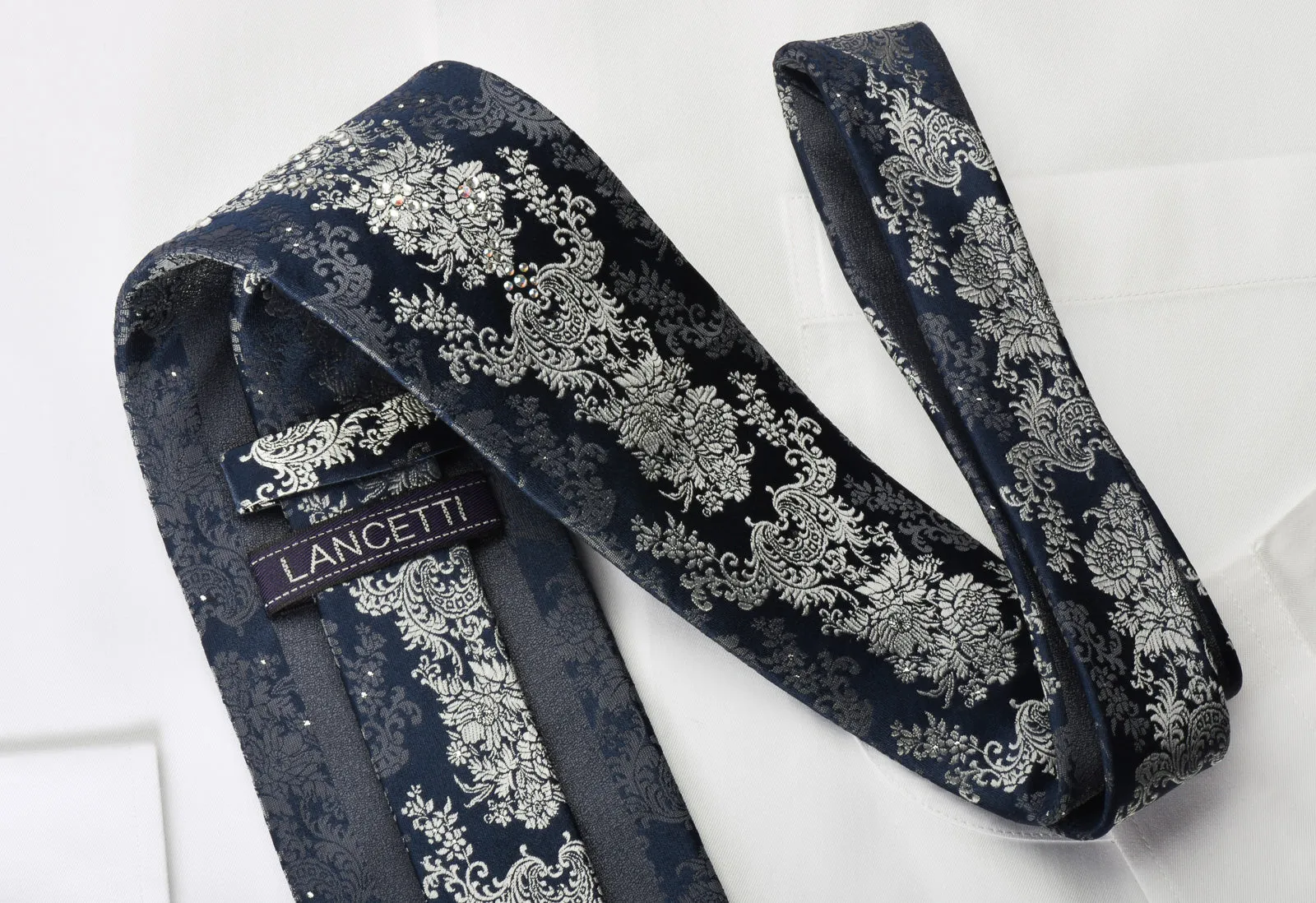 Lancetti Rhinestone Necktie Silver Baroque On Navy With Silver Sparkles