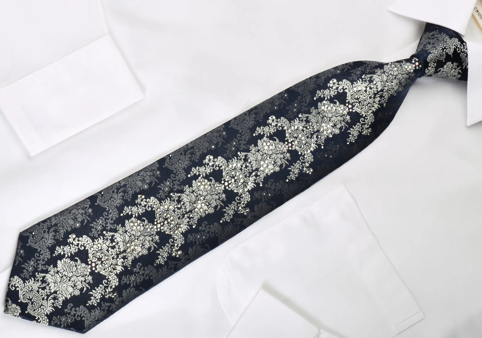 Lancetti Rhinestone Necktie Silver Baroque On Navy With Silver Sparkles