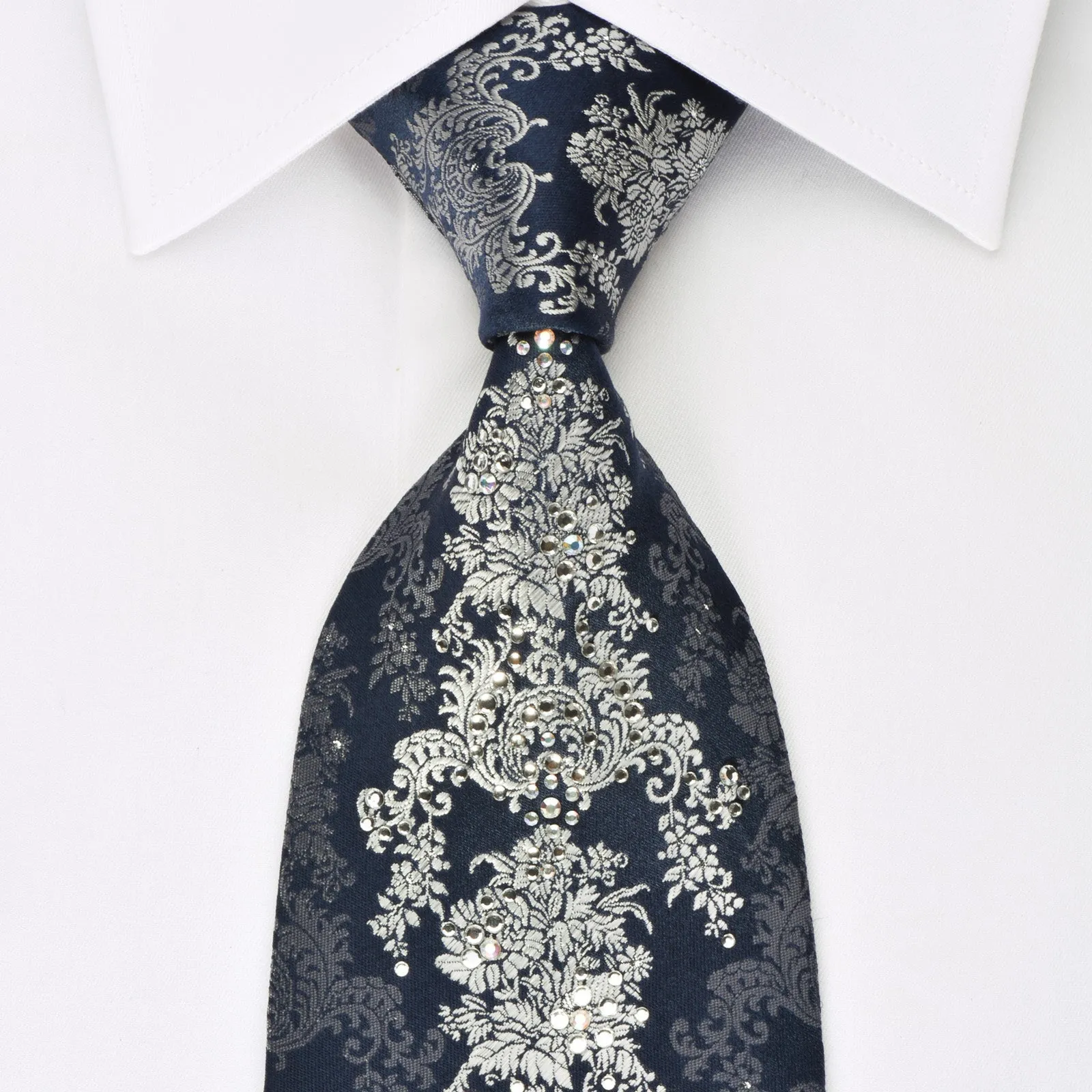 Lancetti Rhinestone Necktie Silver Baroque On Navy With Silver Sparkles
