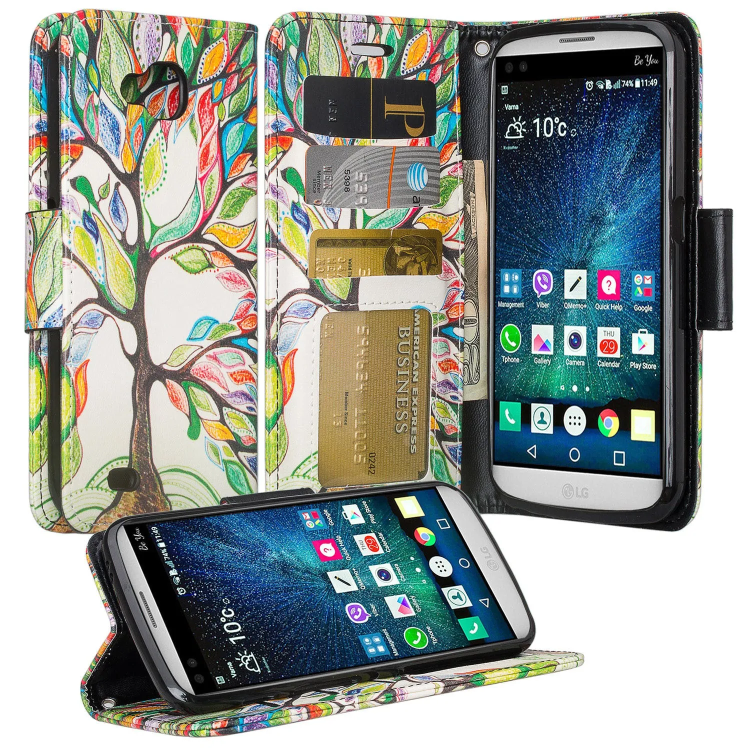 LG V9 Case, LG V9 Wallet Case, Slim Flip Folio [Kickstand] Pu Leather Wallet Case with ID & Card Slots & Pocket   Wrist Strap - Vibrant Tree