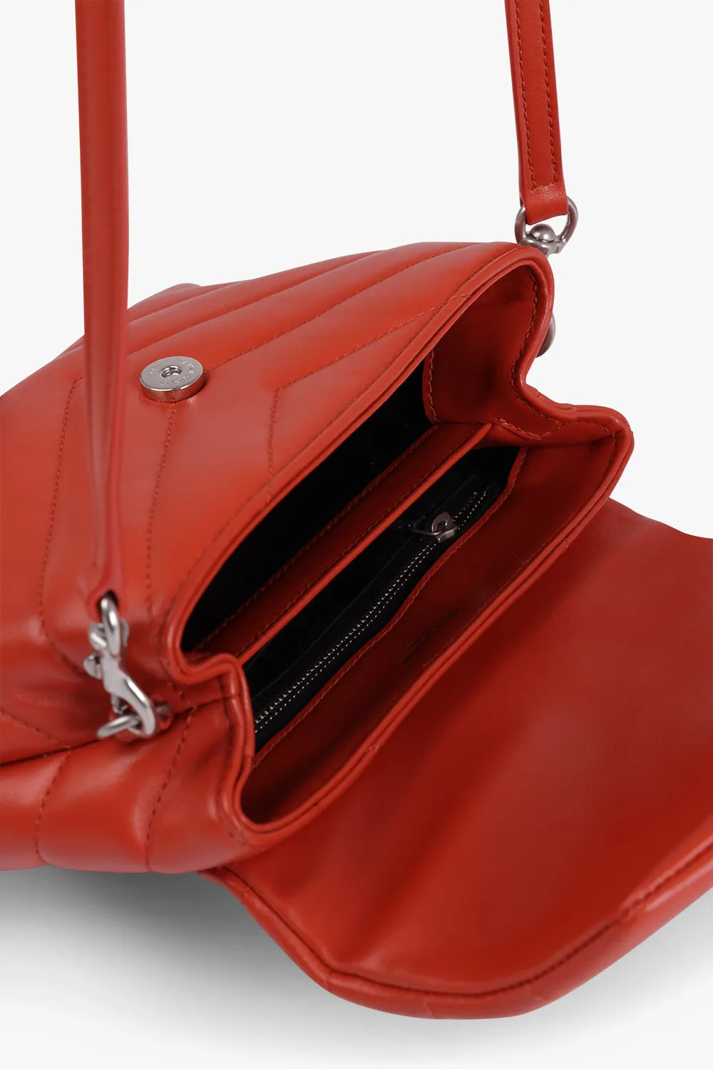 LOULOU TOY FLAP BAG ADJUSTABLE STRAP | RED ORANGE/SILVER