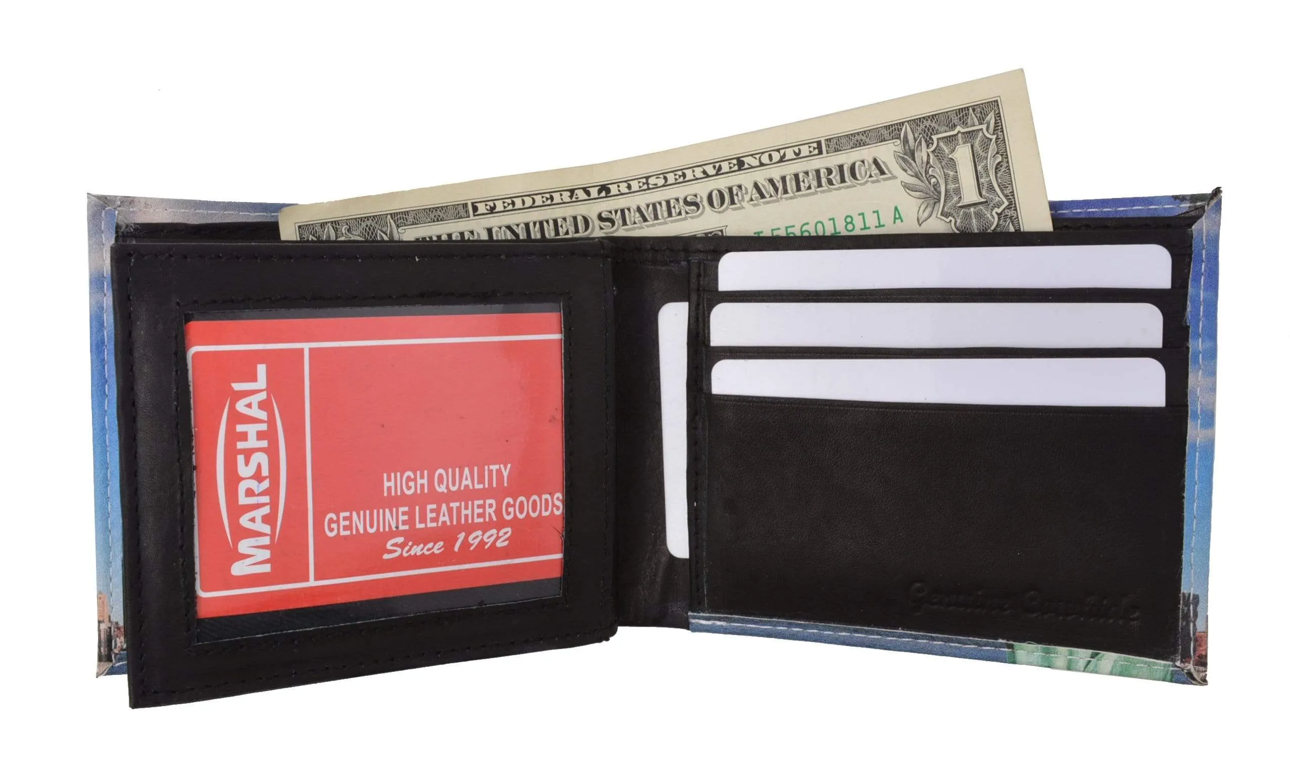 Men's Genuine Leather Bifold Multi Card ID Center Flap Wallet with Graphics 1246