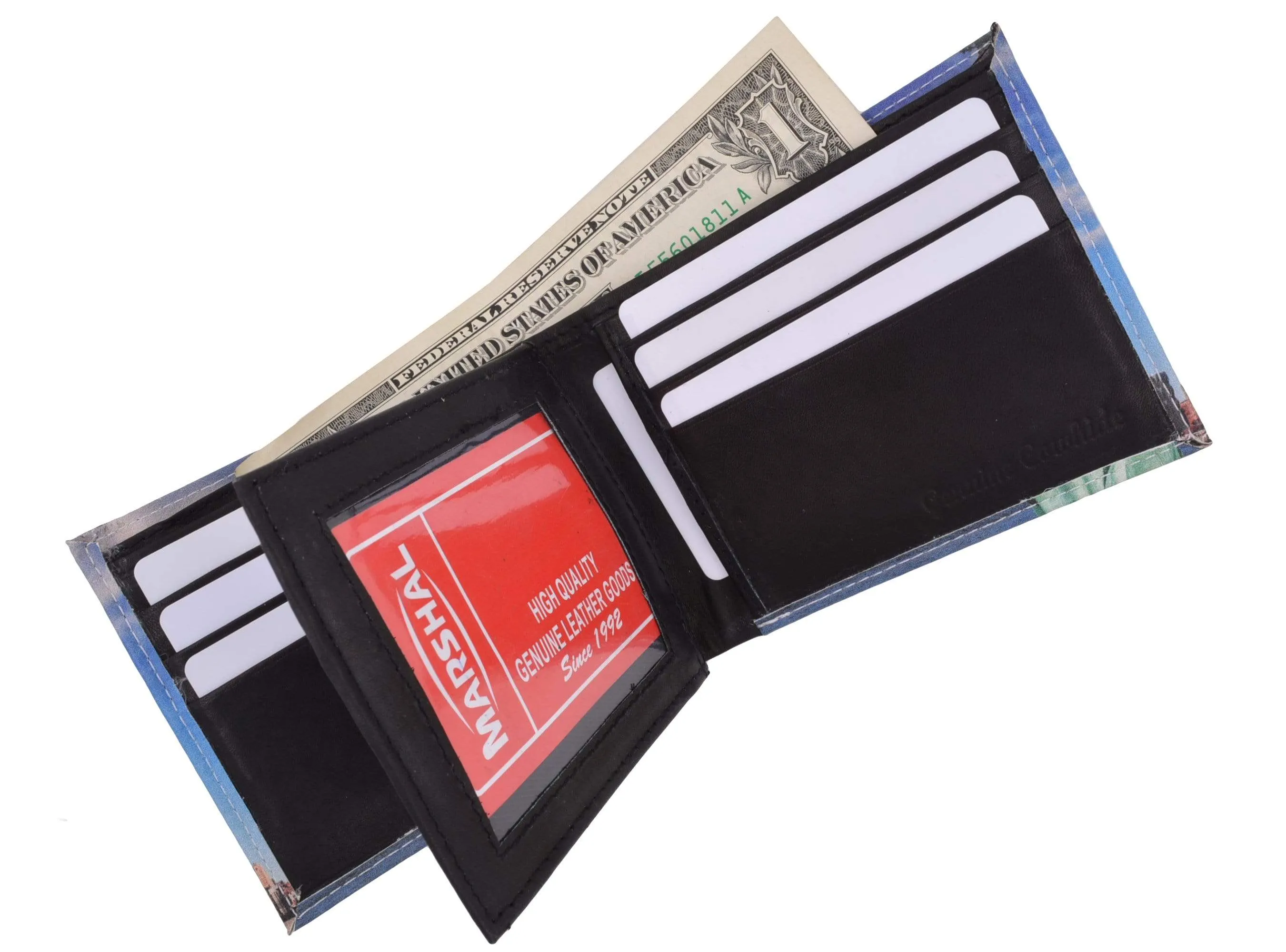 Men's Genuine Leather Bifold Multi Card ID Center Flap Wallet with Graphics 1246