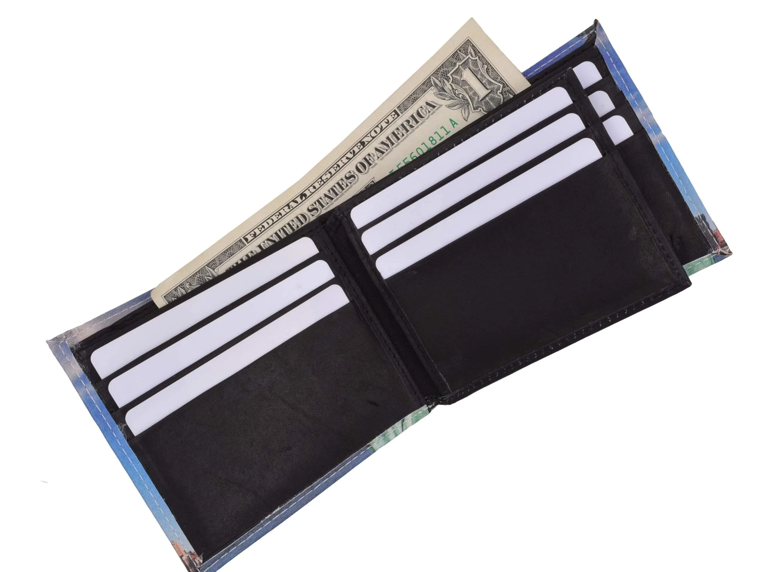 Men's Genuine Leather Bifold Multi Card ID Center Flap Wallet with Graphics 1246
