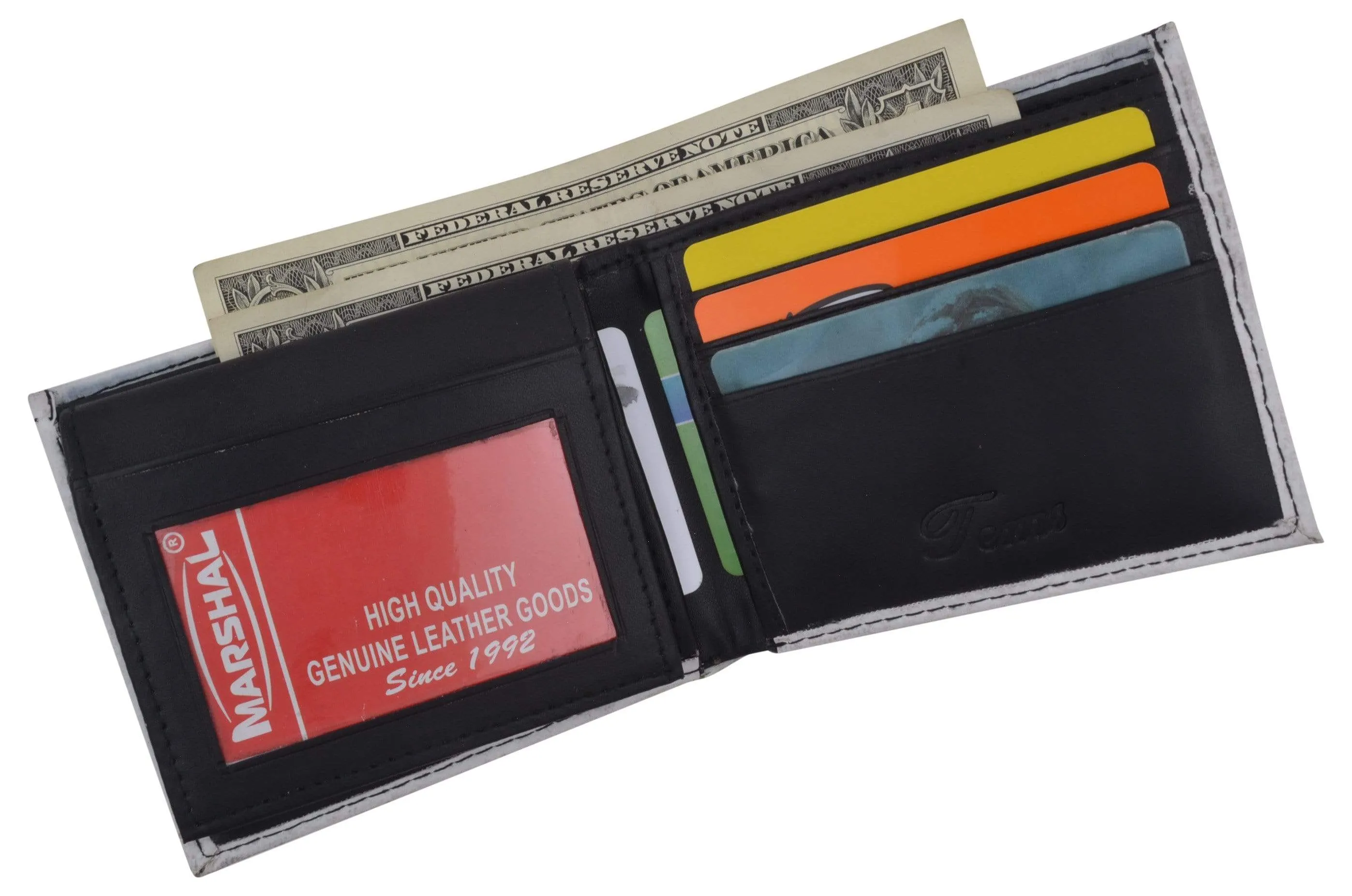 Men's Genuine Leather Bifold Multi Card ID Center Flap Wallet with Graphics 1246