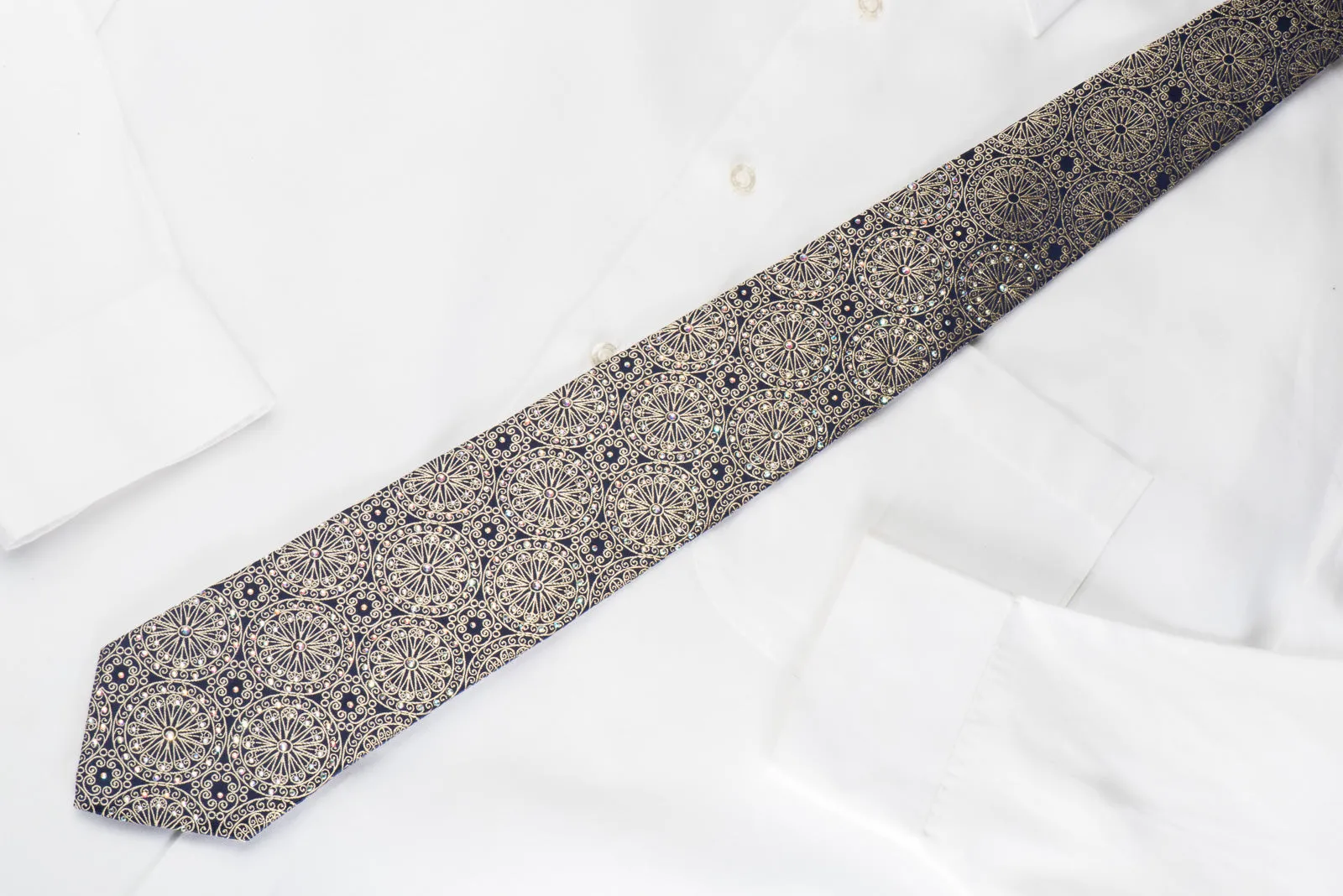 Pierre Cardin Silk Necktie Golden Filigree Medallions On Navy Sparkling With Rhinestones