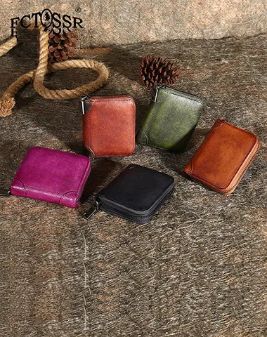 Purple Small Leather Bifold Wallet Around Zip Billfold Cute Women Zipper Wallet For Ladies