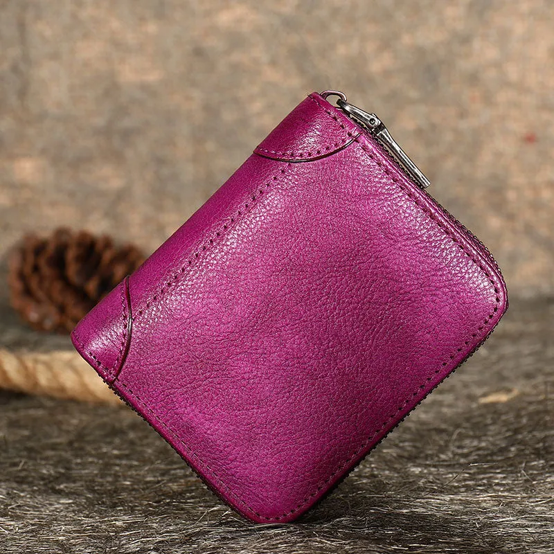 Purple Small Leather Bifold Wallet Around Zip Billfold Cute Women Zipper Wallet For Ladies