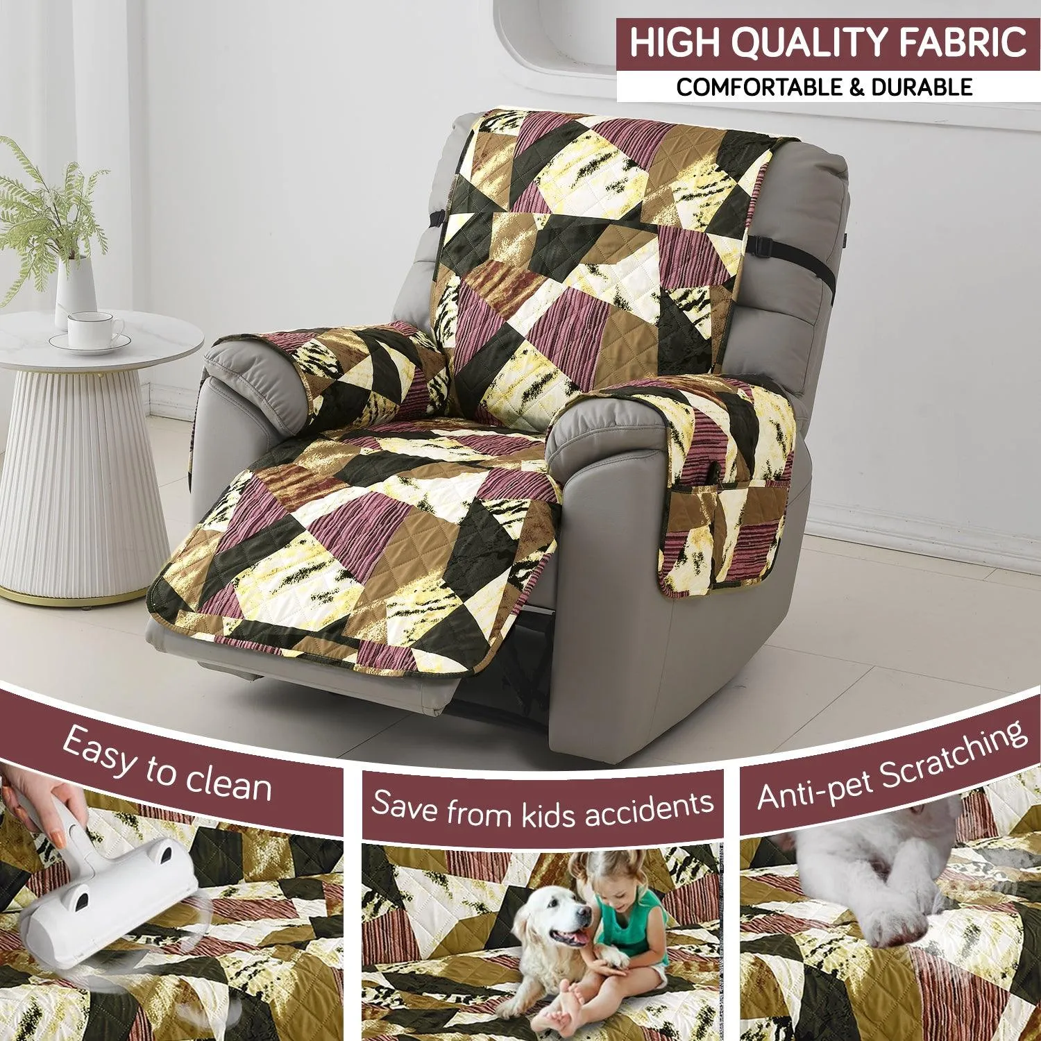 Quilted Recliner Water Repellent & Waterproof Cover for Small / Large - Wine Abstract Geometry