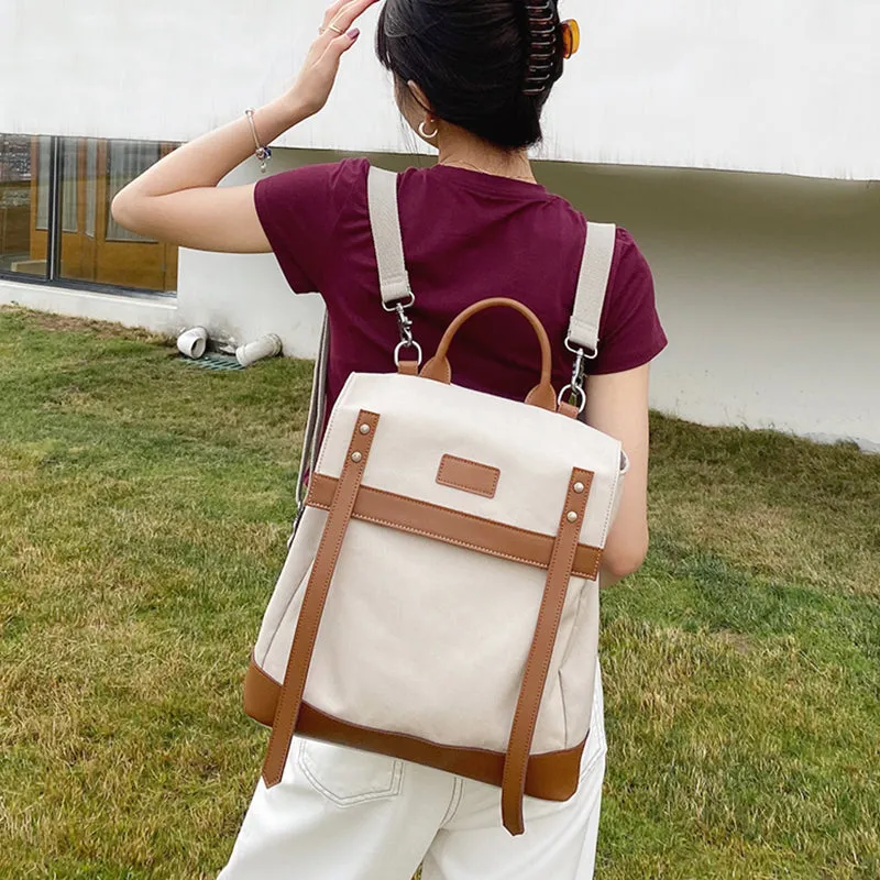 Square Green Canvas Leather Rucksack Travel Backpack Purse Bags for Women