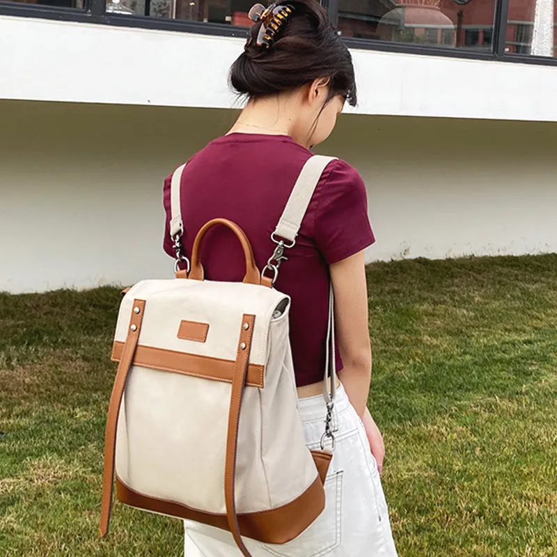 Square Green Canvas Leather Rucksack Travel Backpack Purse Bags for Women