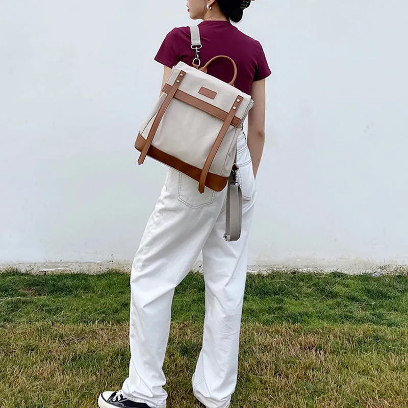 Square Green Canvas Leather Rucksack Travel Backpack Purse Bags for Women