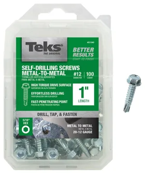 Teks 21340 Screw, #12 Thread, 1 in L, Coarse Thread, Hex Drive, Self-Drilling, Self-Tapping Point, Steel, Zinc, 100 PK :PK100: QUANTITY: 1