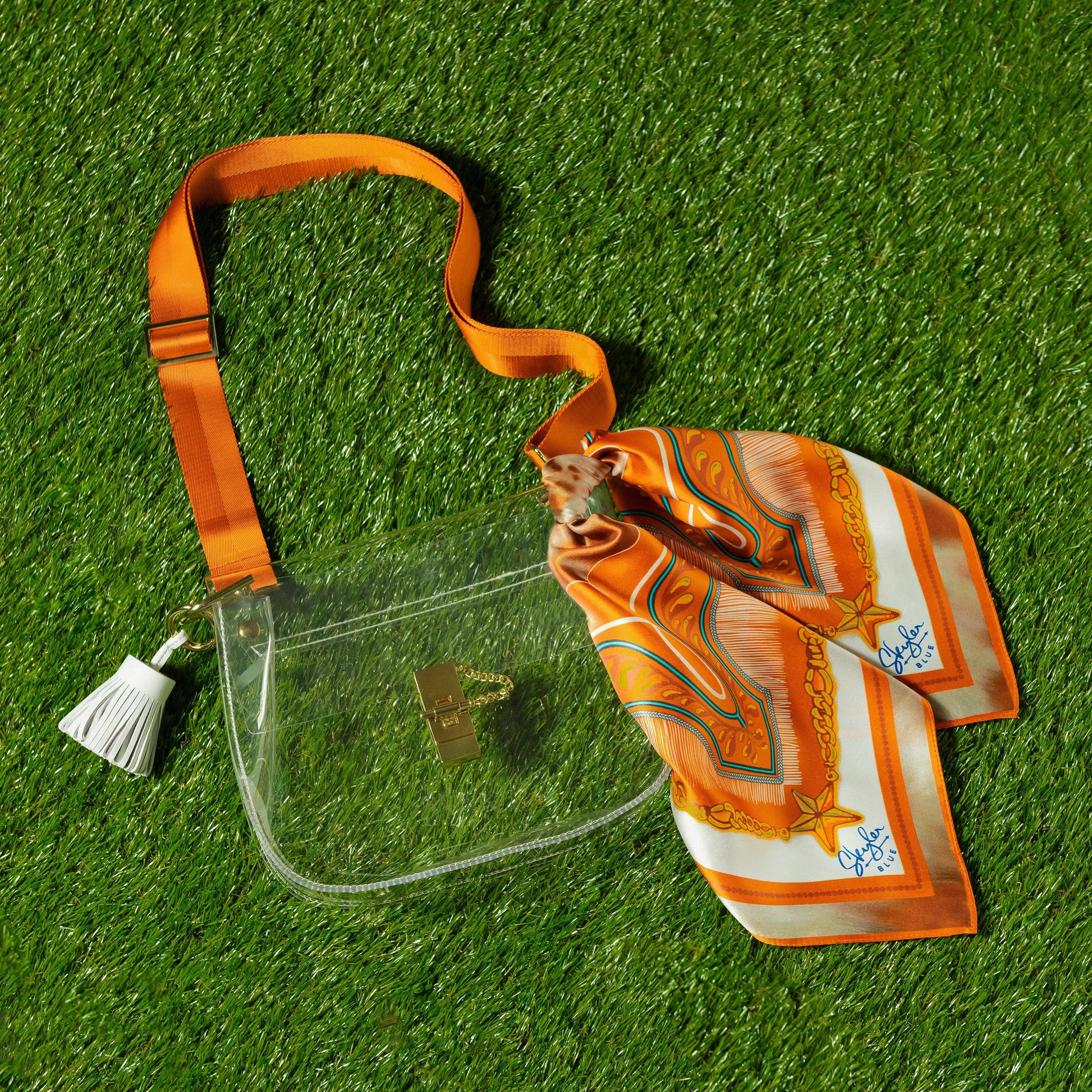 The Austin Clear Medium Saddle Bag - Clear Bag Burnt Orange Silk Scarf