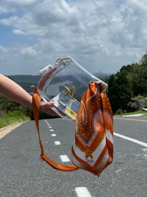 The Austin Clear Medium Saddle Bag - Clear Bag Burnt Orange Silk Scarf